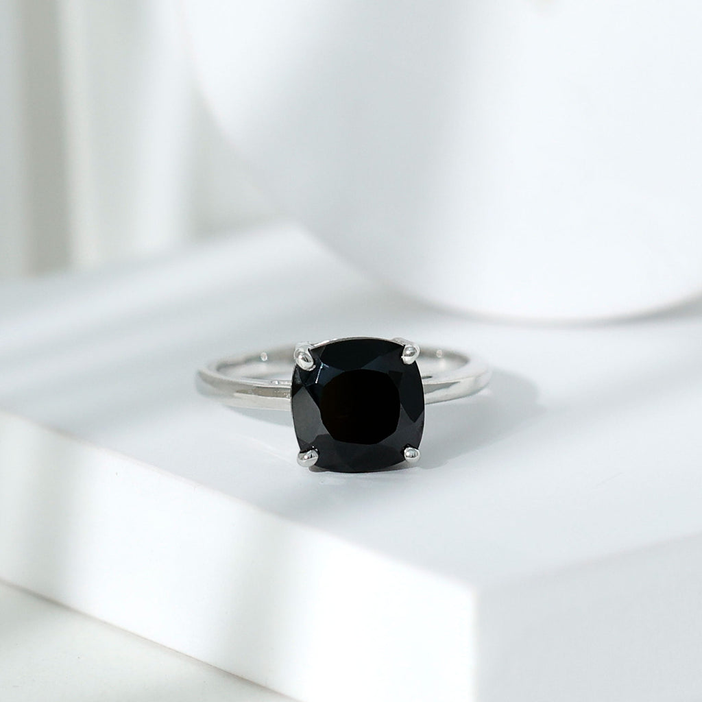 Cushion Cut Lab Grown Black Diamond Solitaire Simple Engagement Ring
