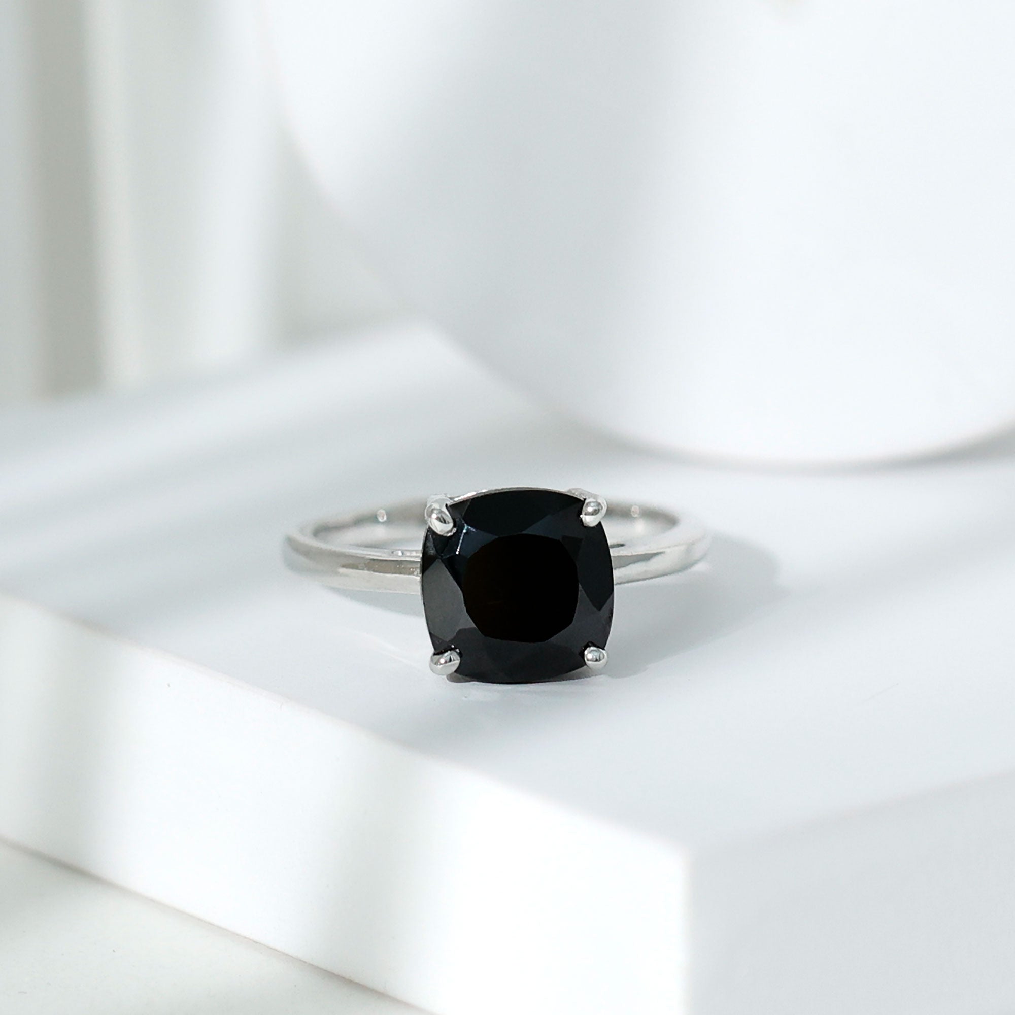 Cushion Cut Lab Grown Black Diamond Solitaire Simple Engagement Ring