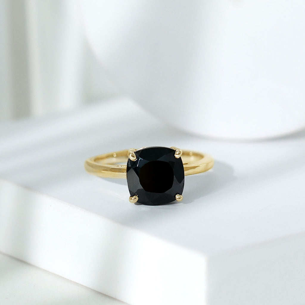 Cushion Cut Lab Grown Black Diamond Solitaire Simple Engagement Ring