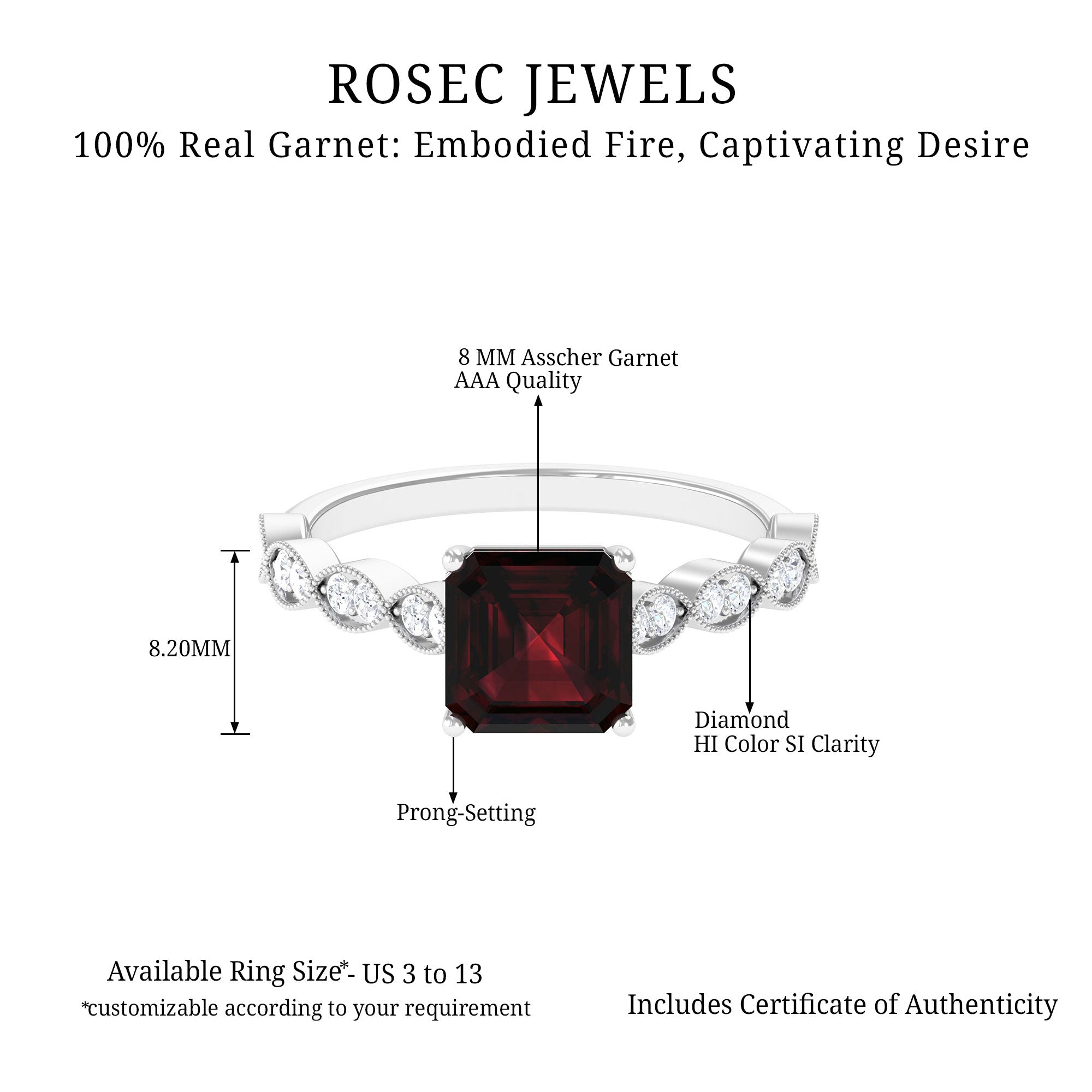 Natural 8mm Garnet Asscher Cut Engagement Ring with Diamond