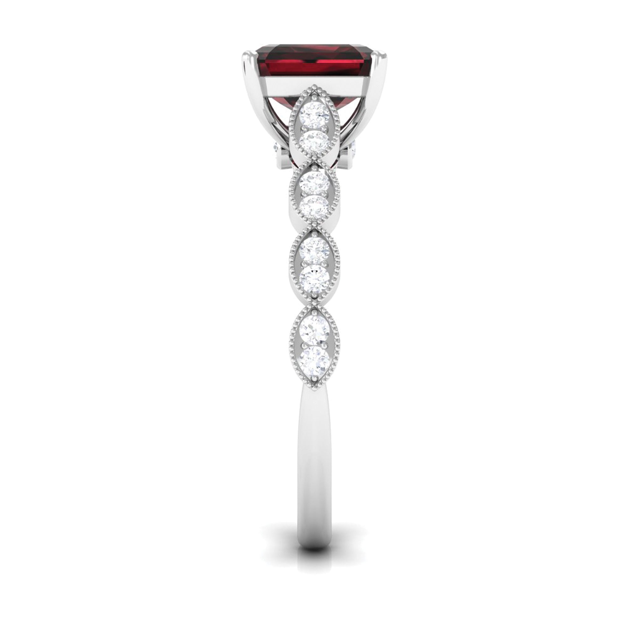 Natural 8mm Garnet Asscher Cut Engagement Ring with Diamond