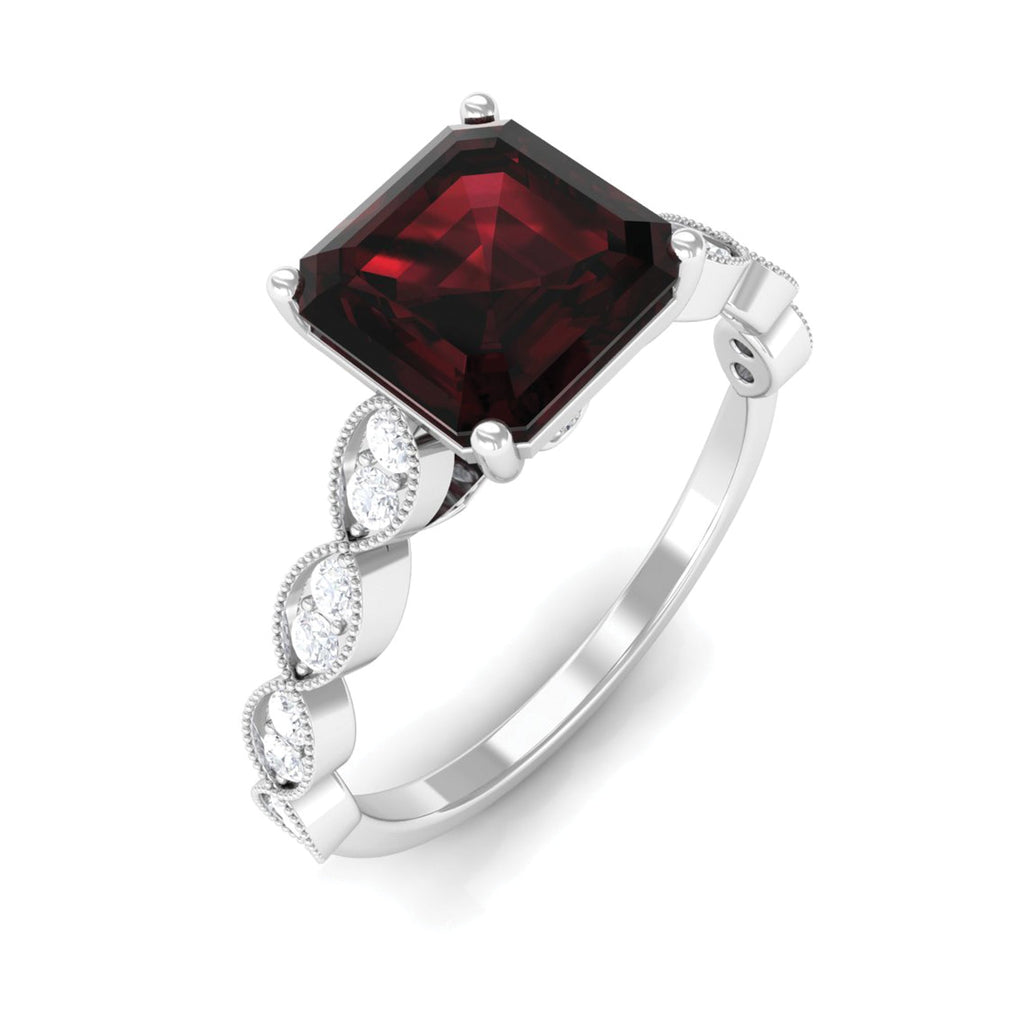Natural 8mm Garnet Asscher Cut Engagement Ring with Diamond