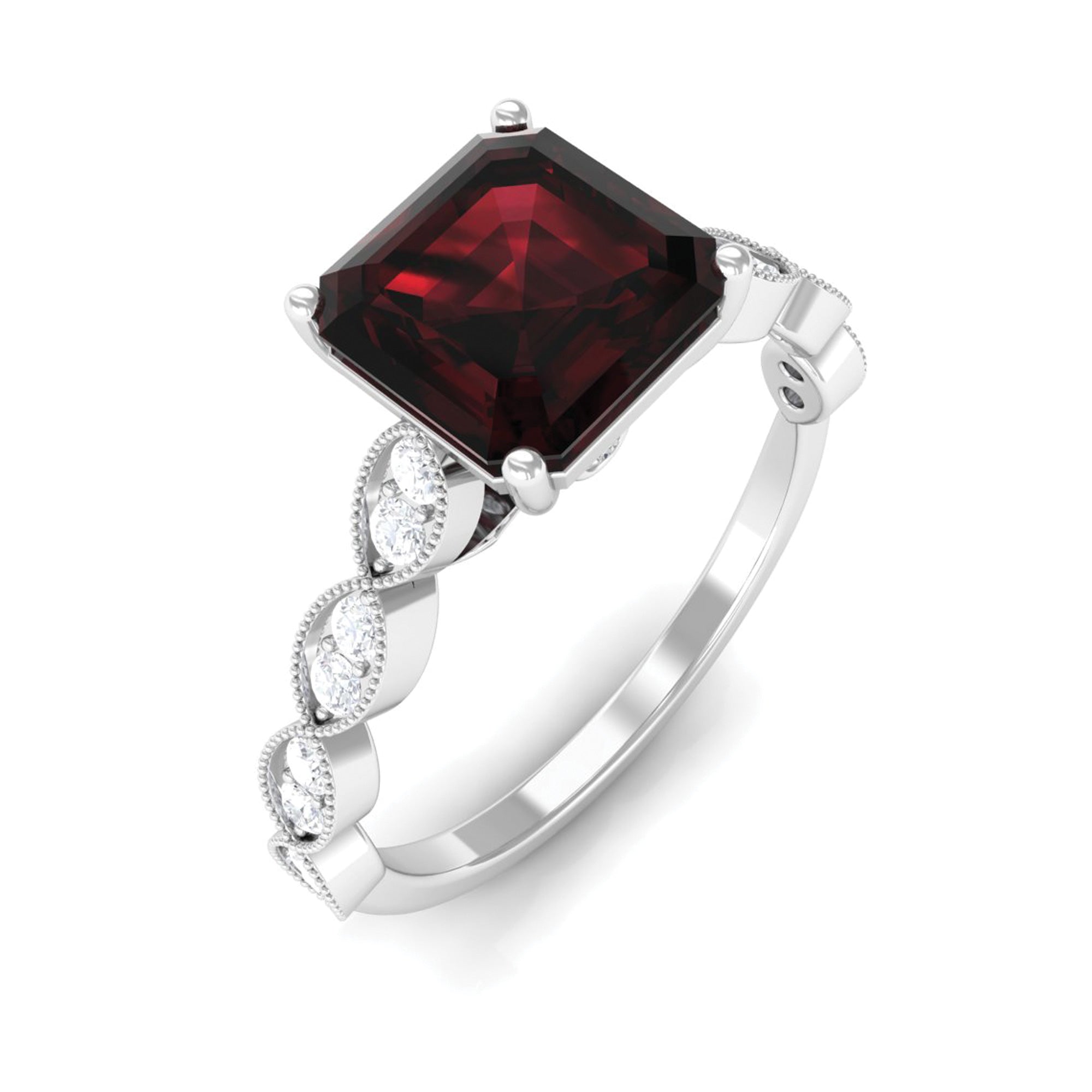 Natural 8mm Garnet Asscher Cut Engagement Ring with Diamond