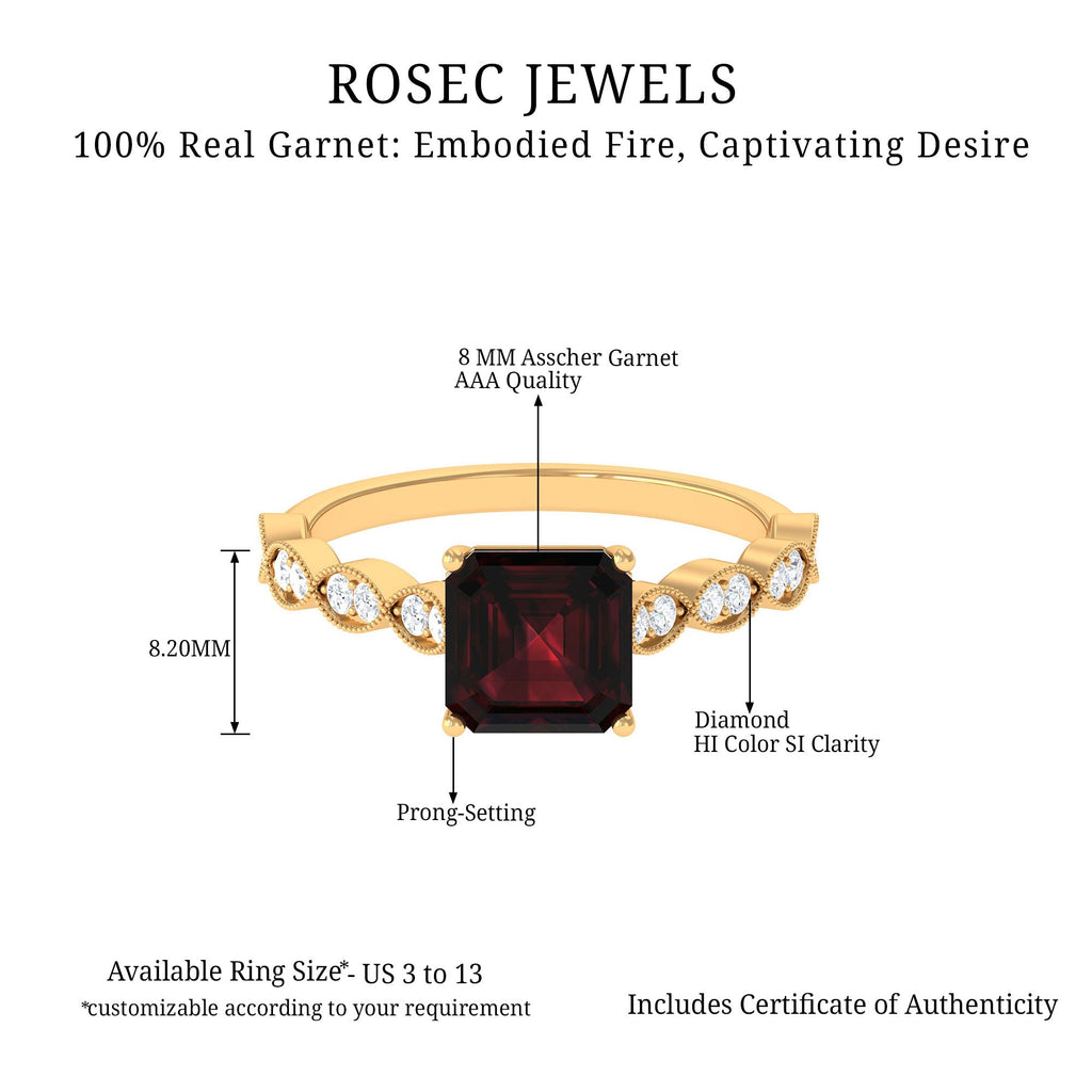 Natural 8mm Garnet Asscher Cut Engagement Ring with Diamond