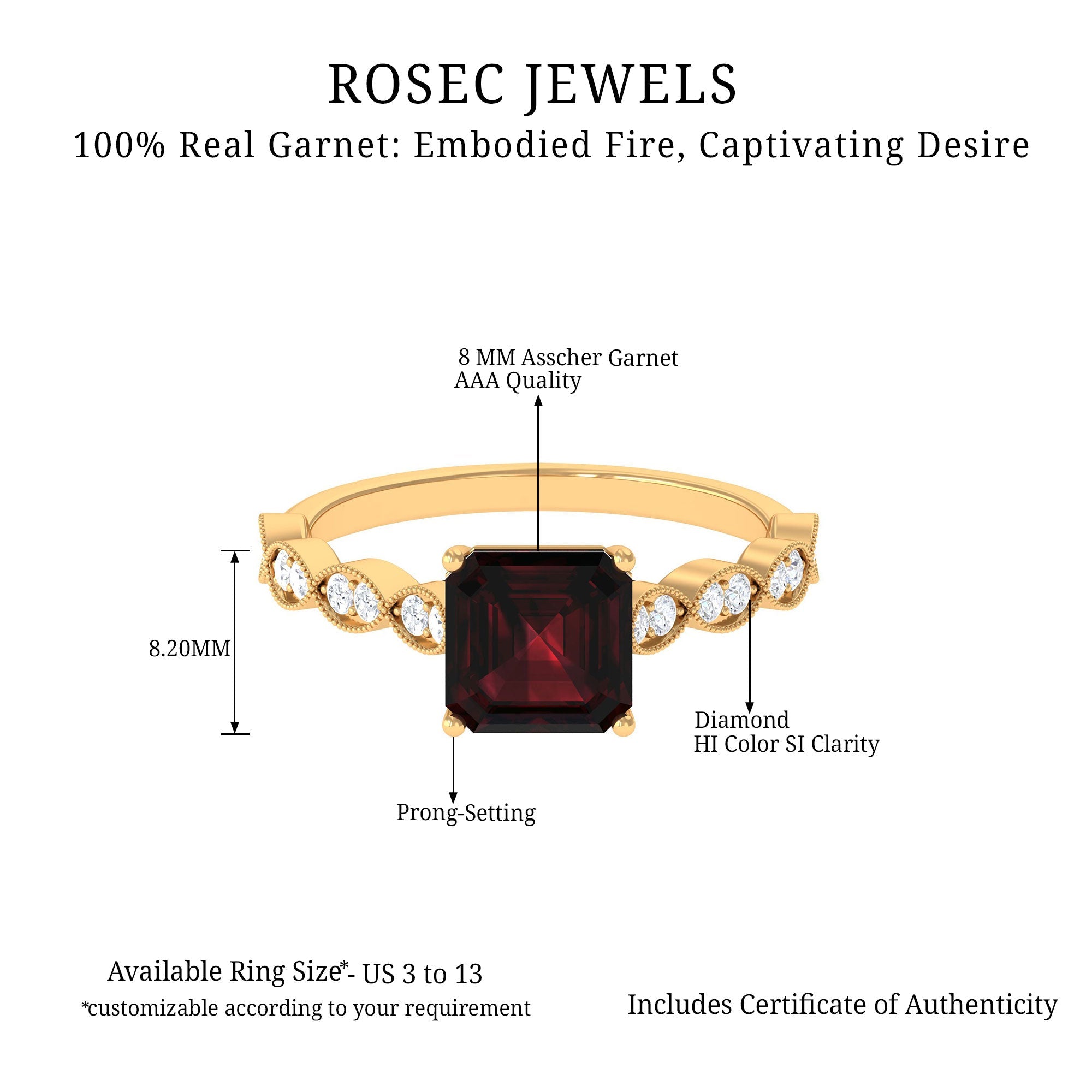 Natural 8mm Garnet Asscher Cut Engagement Ring with Diamond
