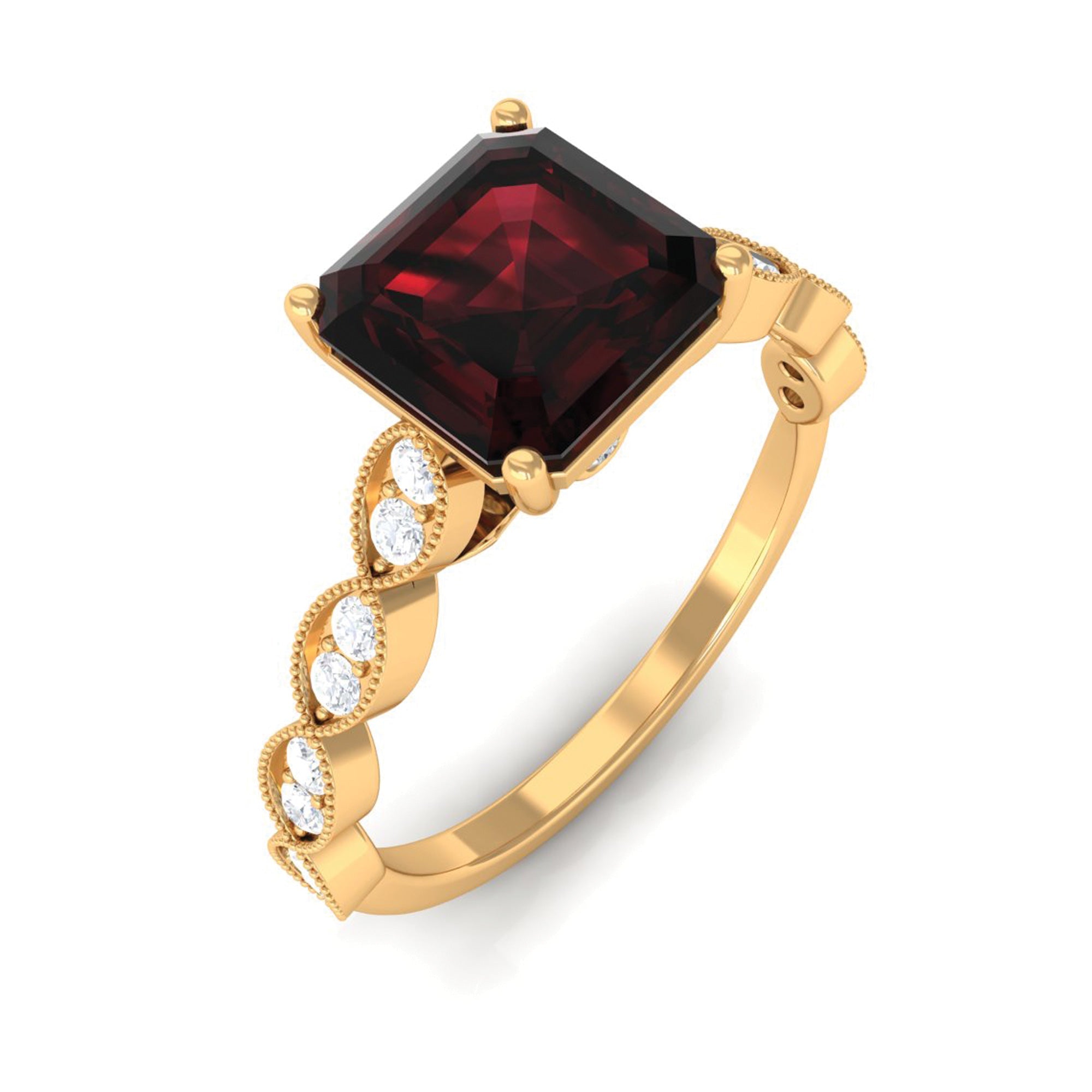 Natural 8mm Garnet Asscher Cut Engagement Ring with Diamond