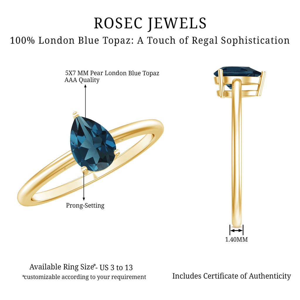 5X7MM Pear Shaped London Blue Topaz Solitaire Ring