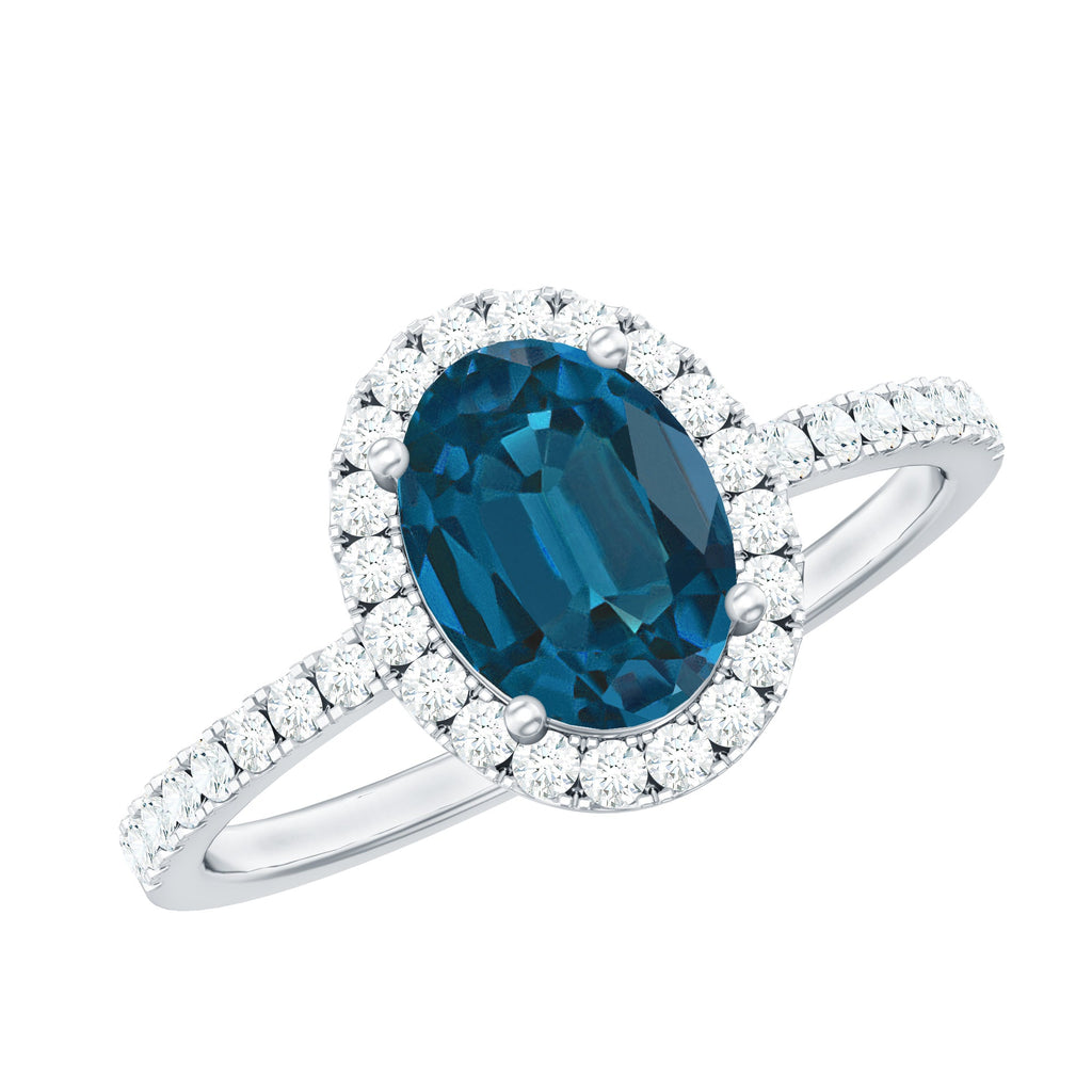 6X8mm Oval Cut London Blue Topaz Classic Engagement Ring with Diamond Halo