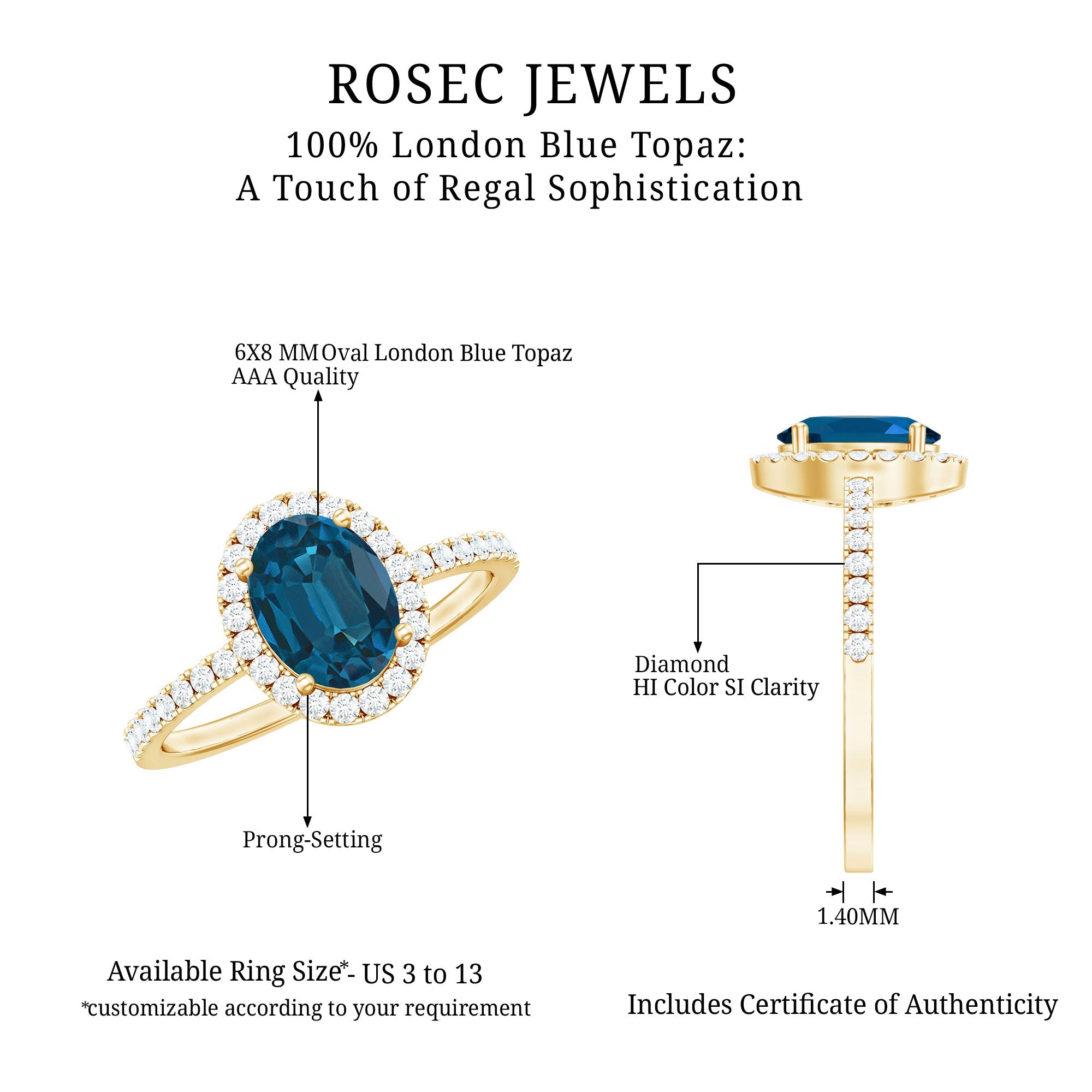 6X8mm Oval Cut London Blue Topaz Classic Engagement Ring with Diamond Halo