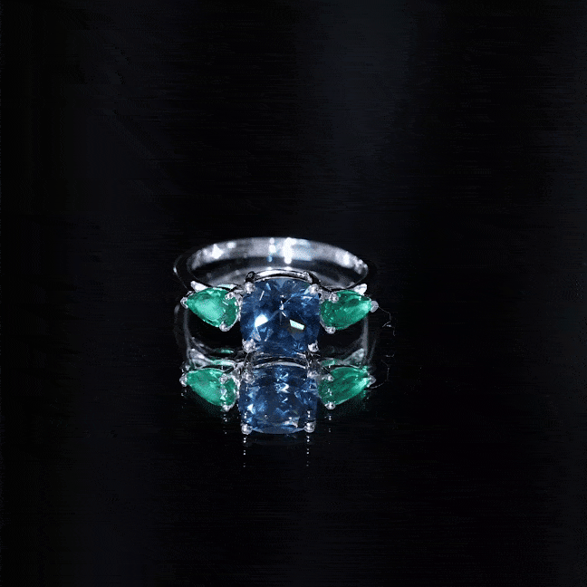 8mm Cushion Shape London Blue Topaz Three Stone Engagement Ring with Lab Emerald