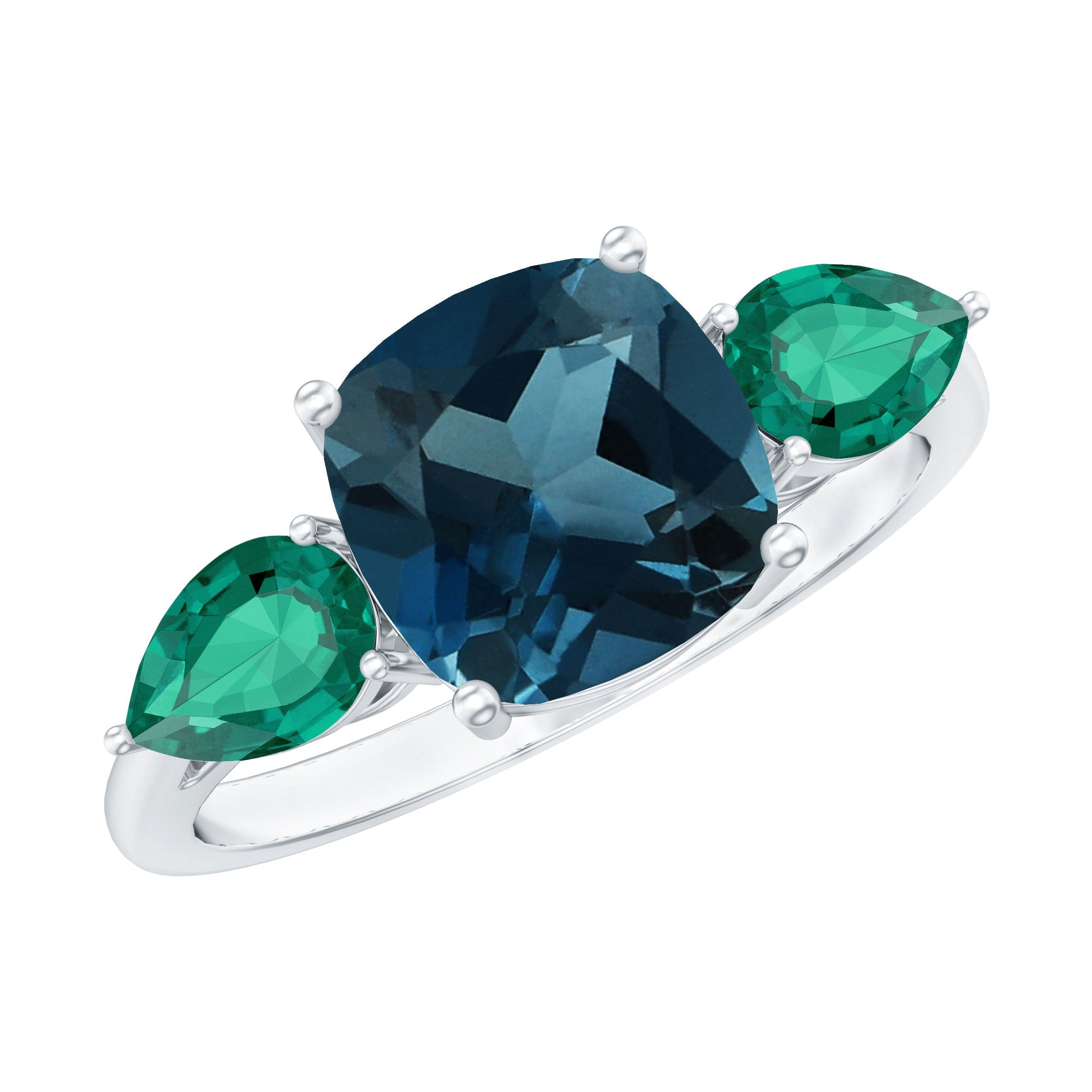 8mm Cushion Shape London Blue Topaz Three Stone Engagement Ring with Lab Emerald