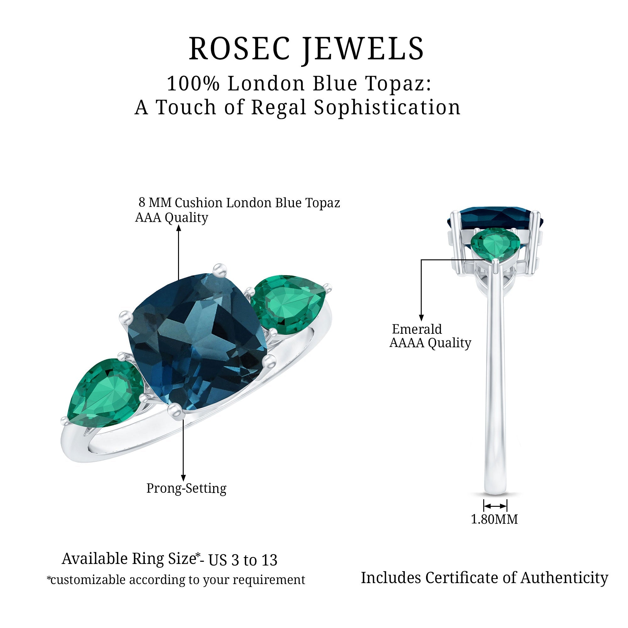 8mm Cushion Shape London Blue Topaz Three Stone Engagement Ring with Lab Emerald
