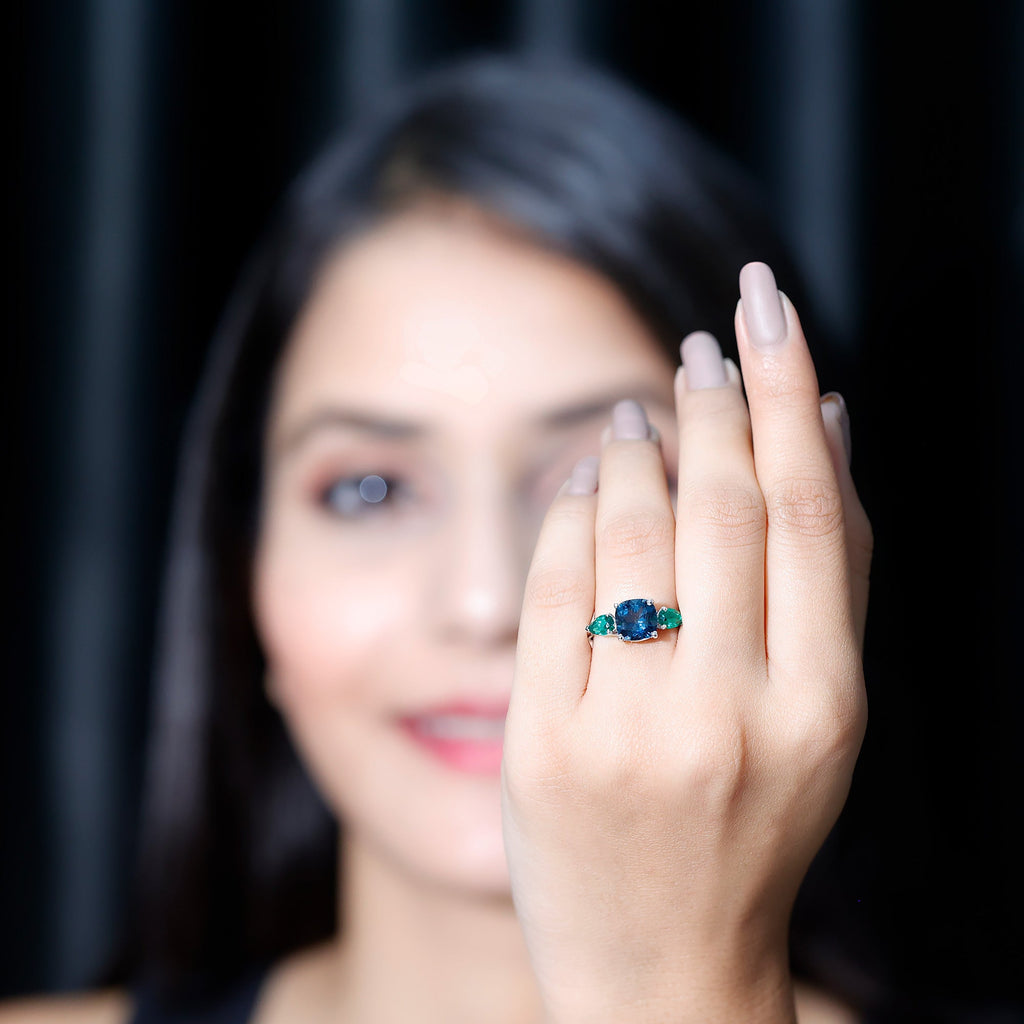 8mm Cushion Shape London Blue Topaz Three Stone Engagement Ring with Lab Emerald