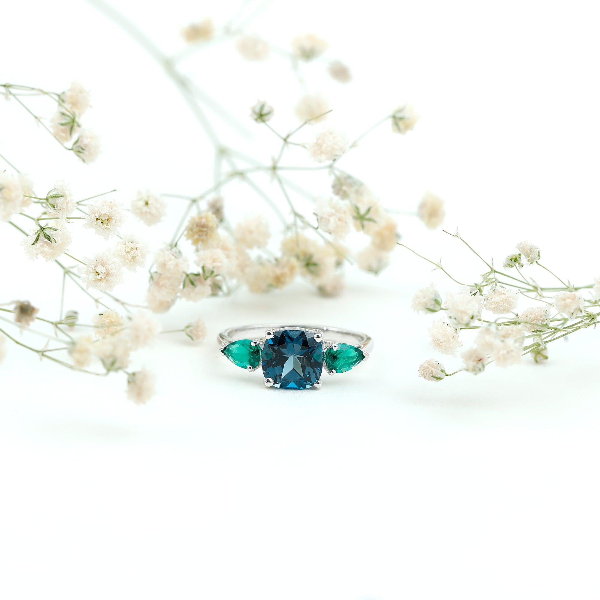 8mm Cushion Shape London Blue Topaz Three Stone Engagement Ring with Lab Emerald