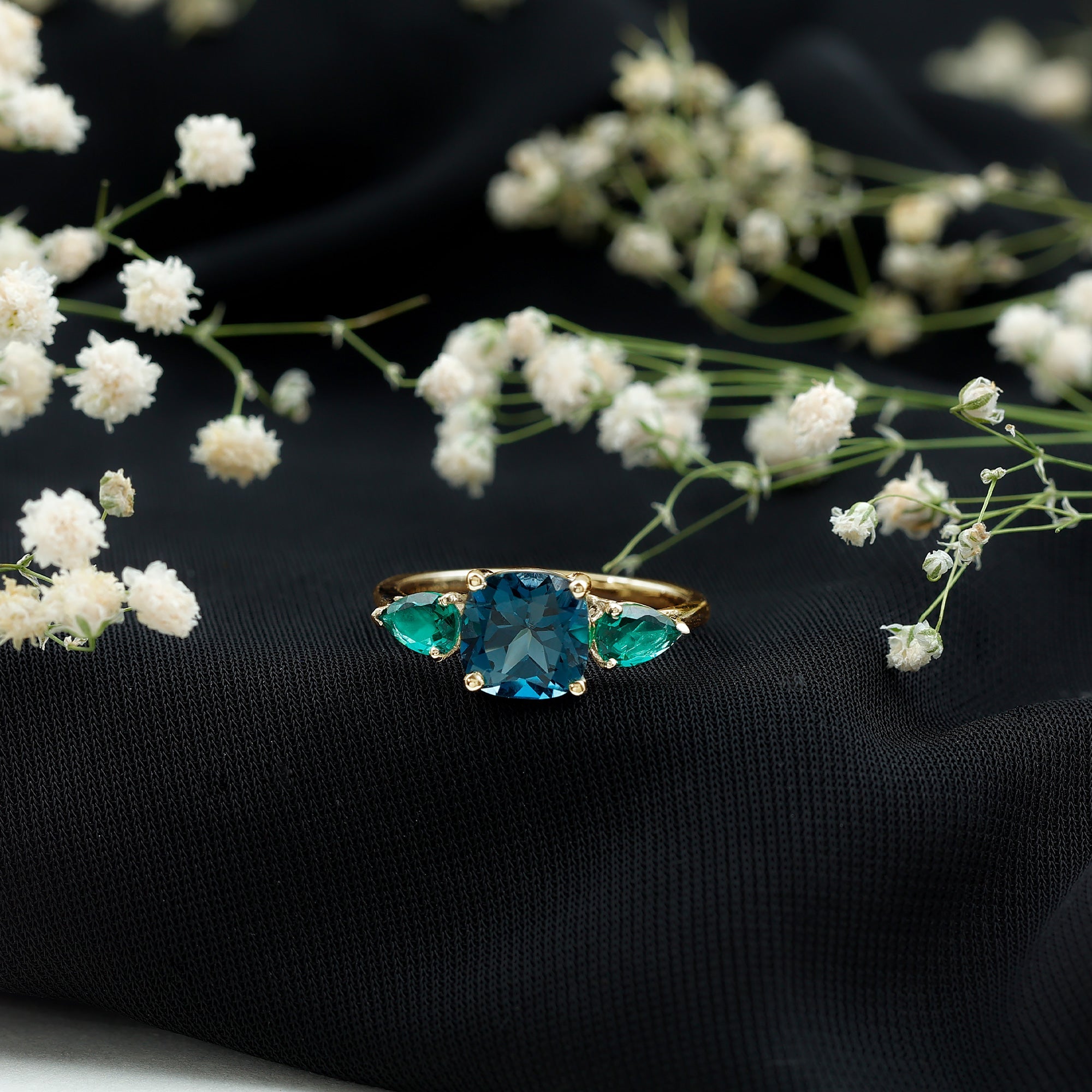 8mm Cushion Shape London Blue Topaz Three Stone Engagement Ring with Lab Emerald