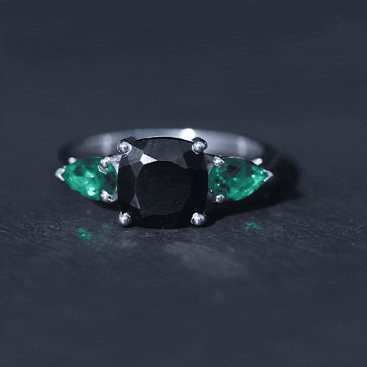 Cushion Cut Created Black Diamond Three Stone Ring