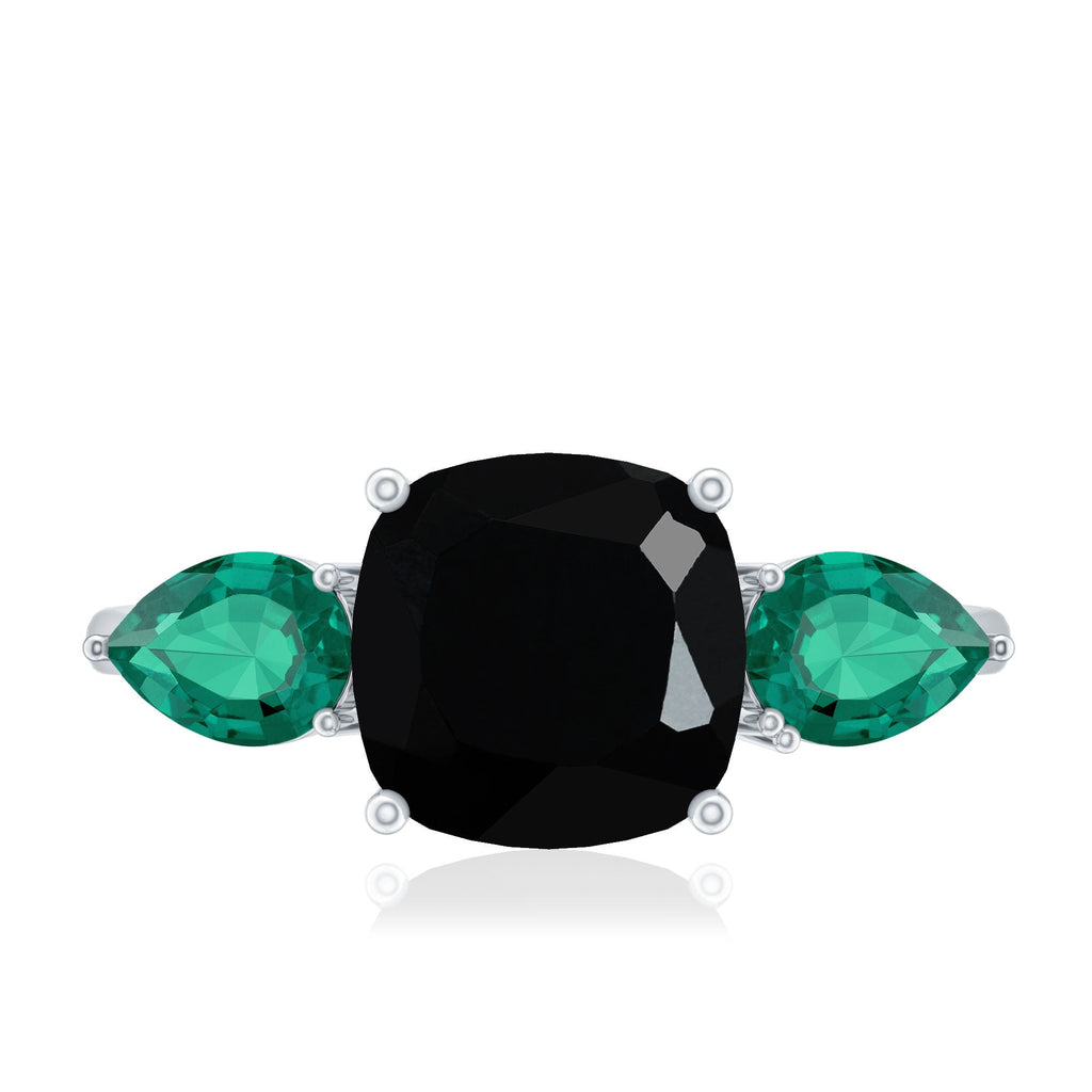 Cushion Cut Created Black Diamond Three Stone Ring