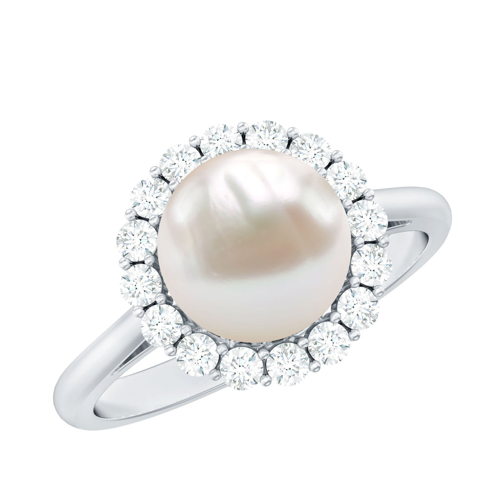 Simple Freshwater Pearl Ring with Diamond Halo