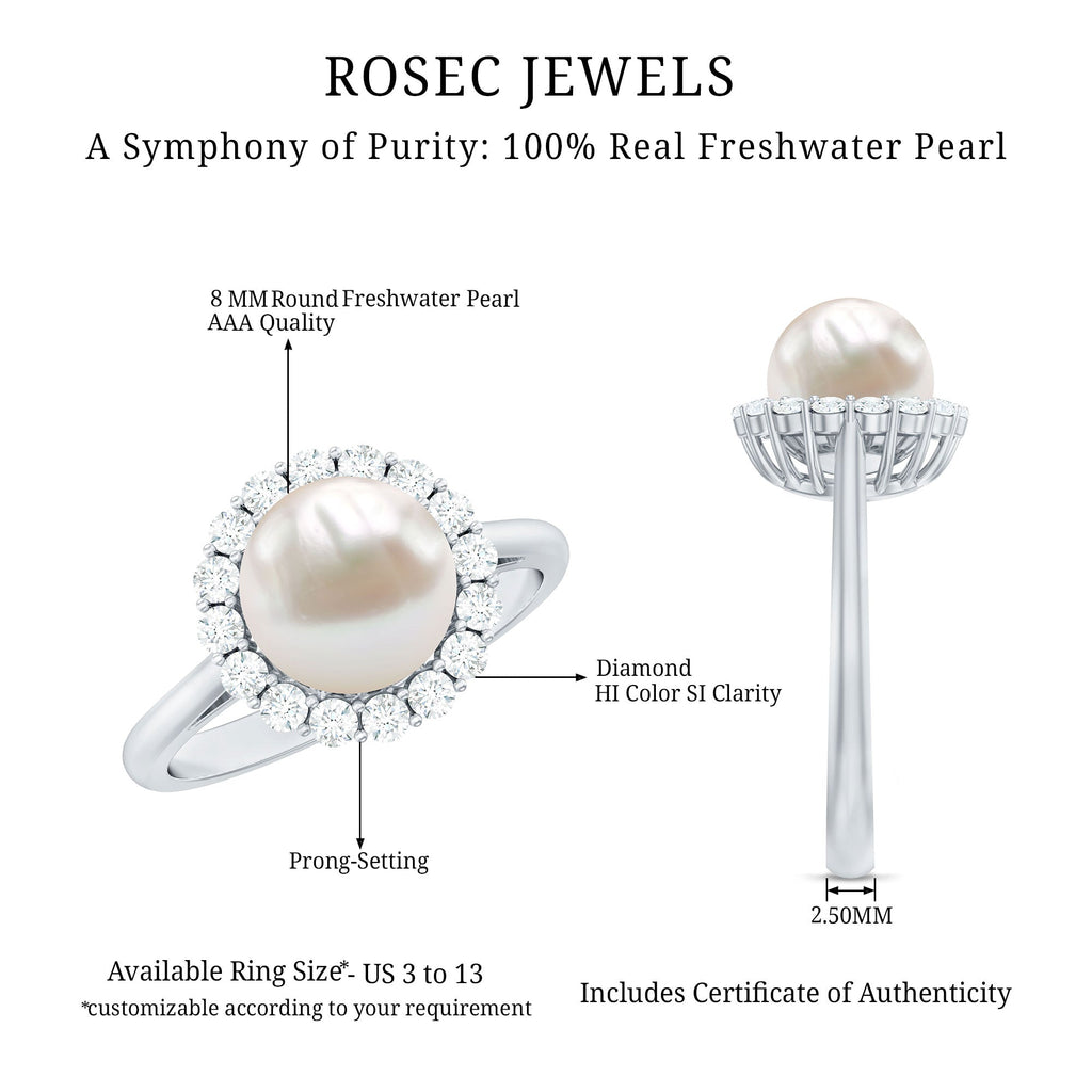 Simple Freshwater Pearl Ring with Diamond Halo