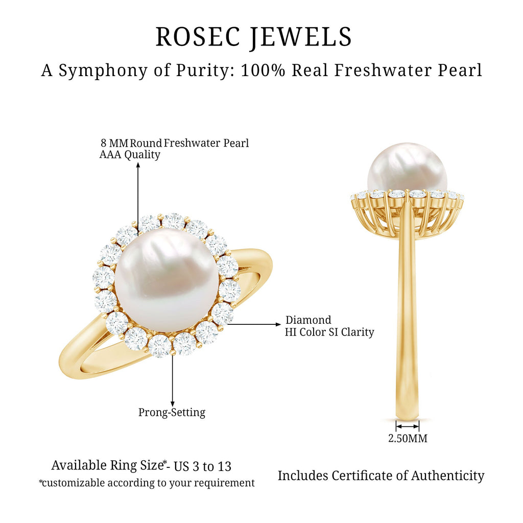 Simple Freshwater Pearl Ring with Diamond Halo