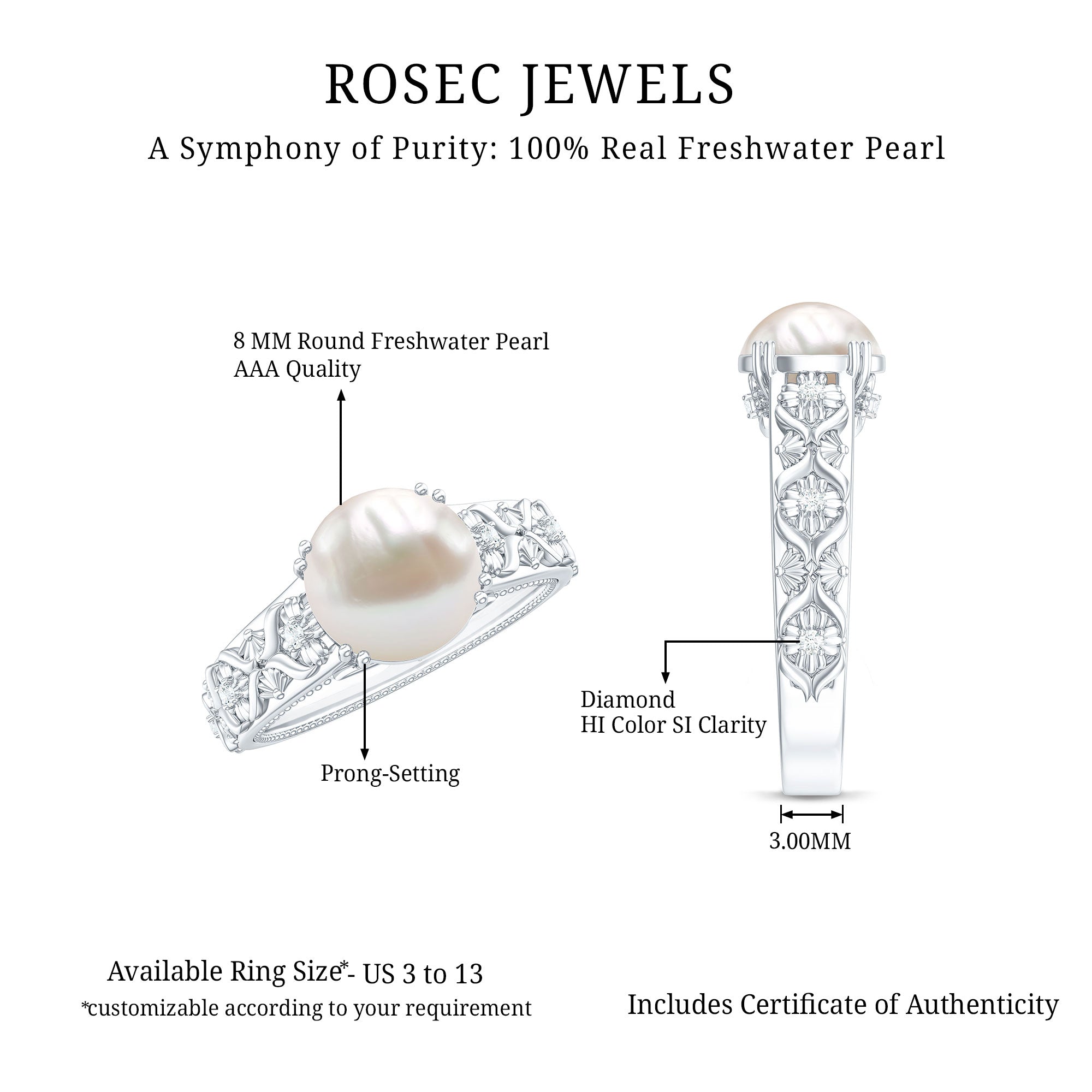 7.5 CT Freshwater Pearl Solitaire with Diamond Engagement Ring