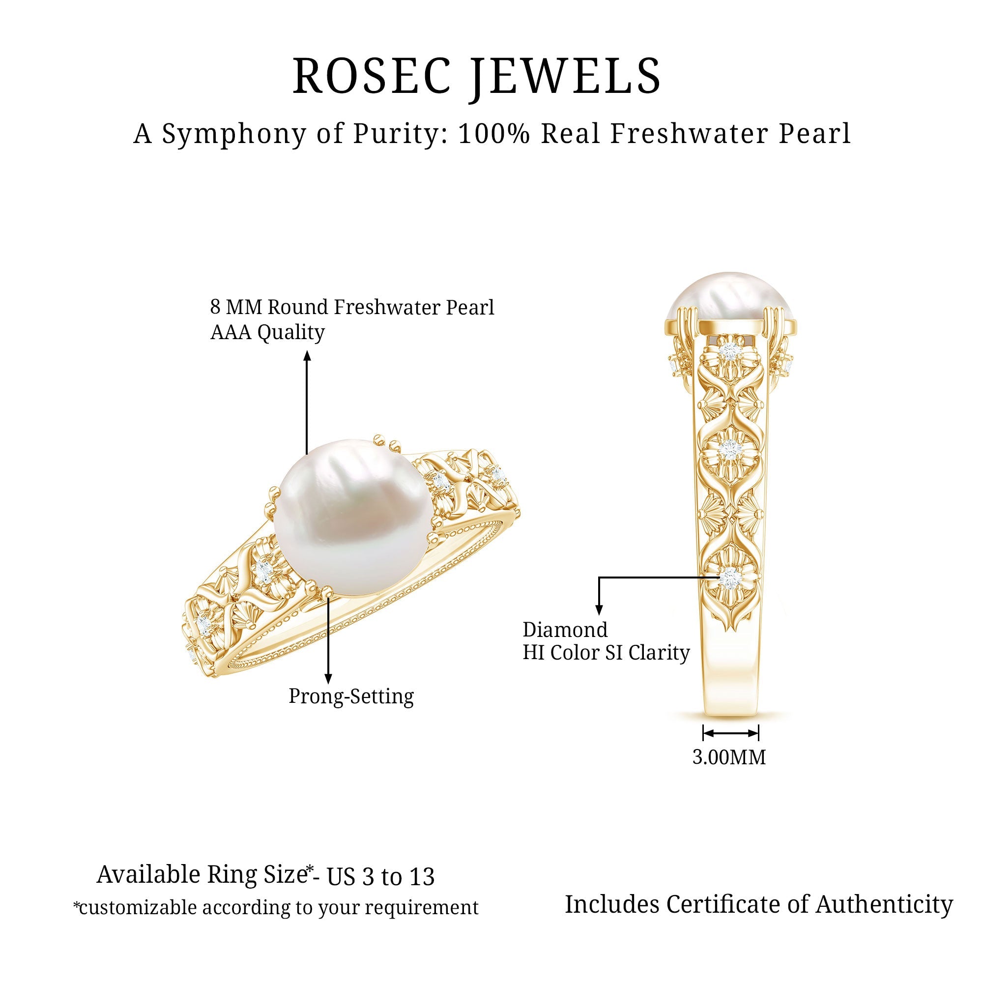 7.5 CT Freshwater Pearl Solitaire with Diamond Engagement Ring