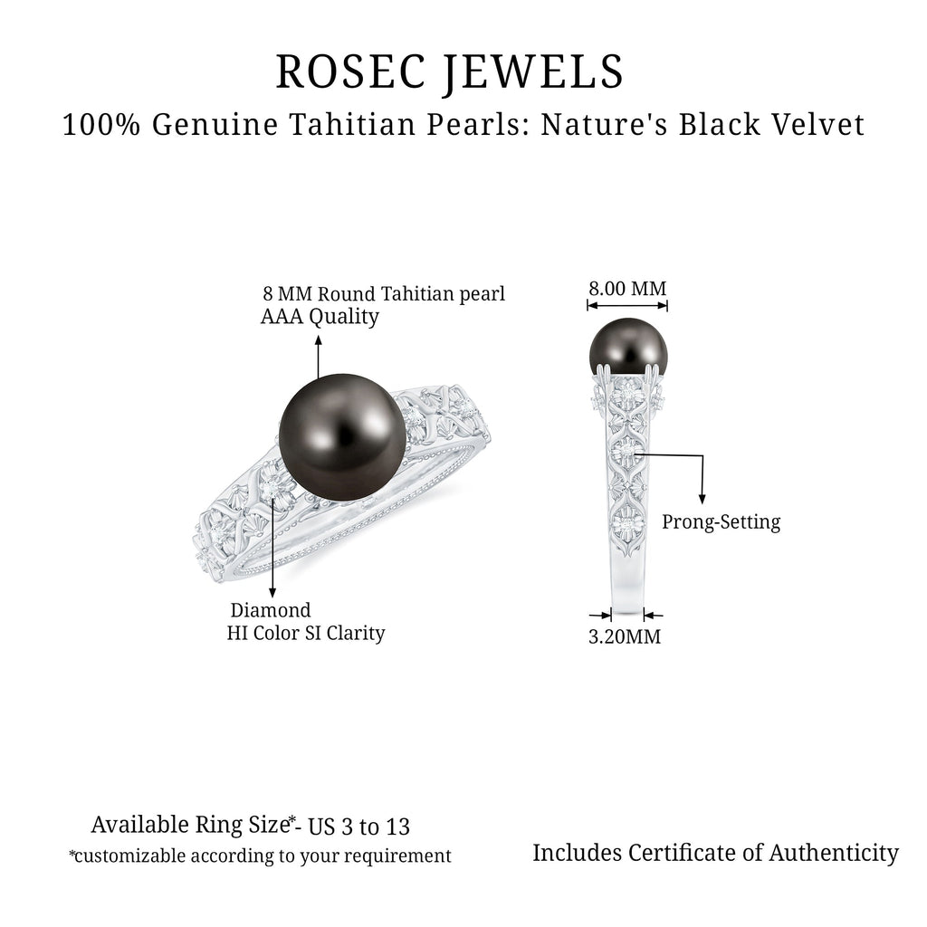 Vintage Tahitian Pearl Solitaire Engagement Ring with Diamond