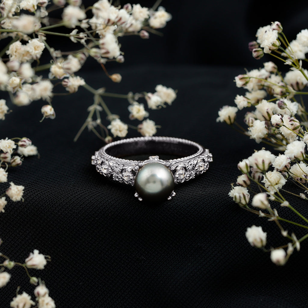 Vintage Tahitian Pearl Solitaire Engagement Ring with Diamond