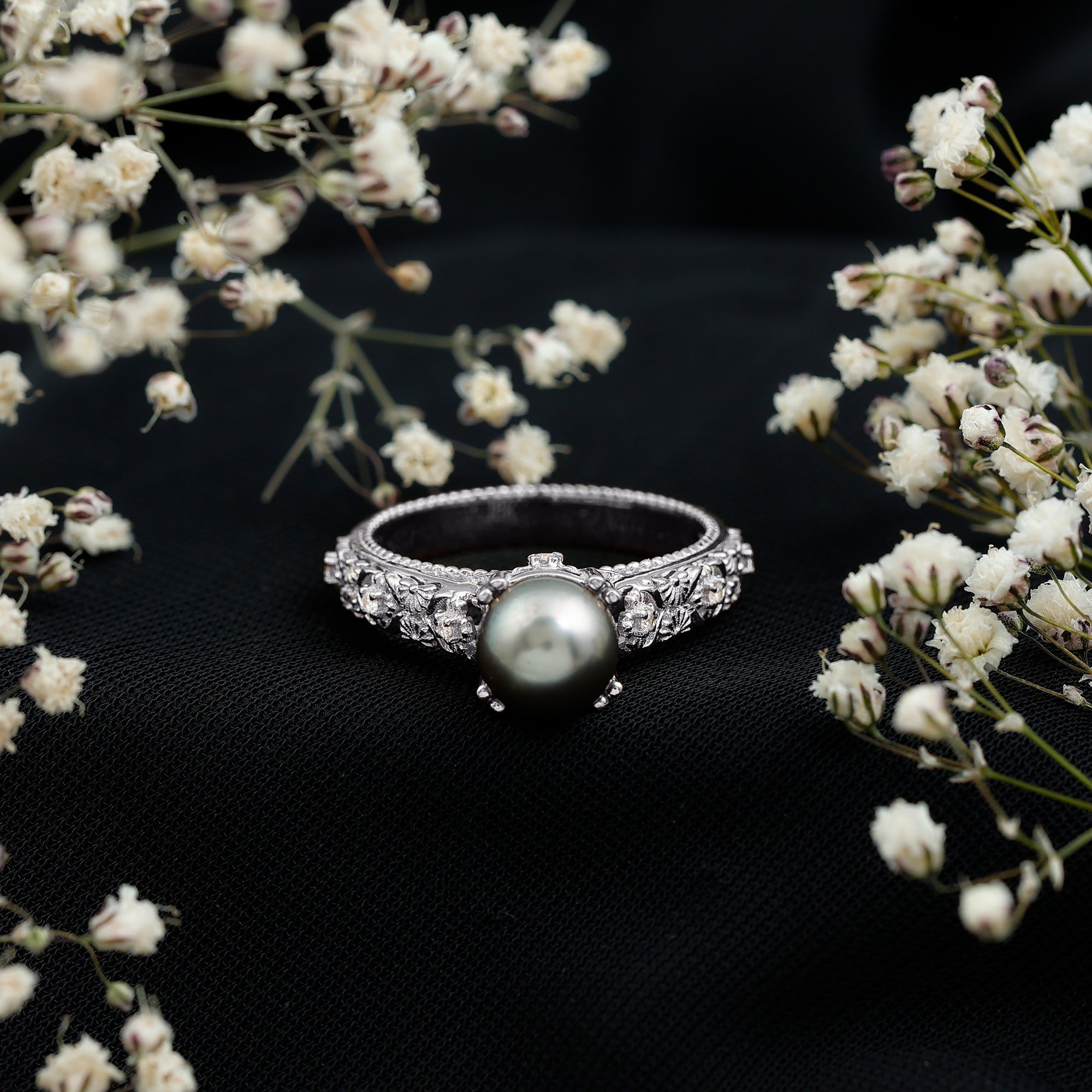 Vintage Tahitian Pearl Solitaire Engagement Ring with Diamond