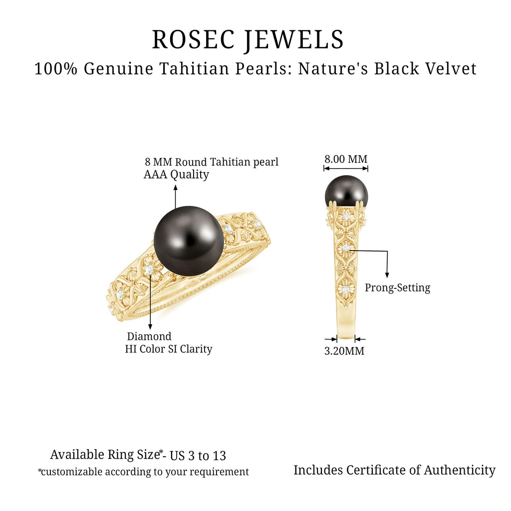 Vintage Tahitian Pearl Solitaire Engagement Ring with Diamond