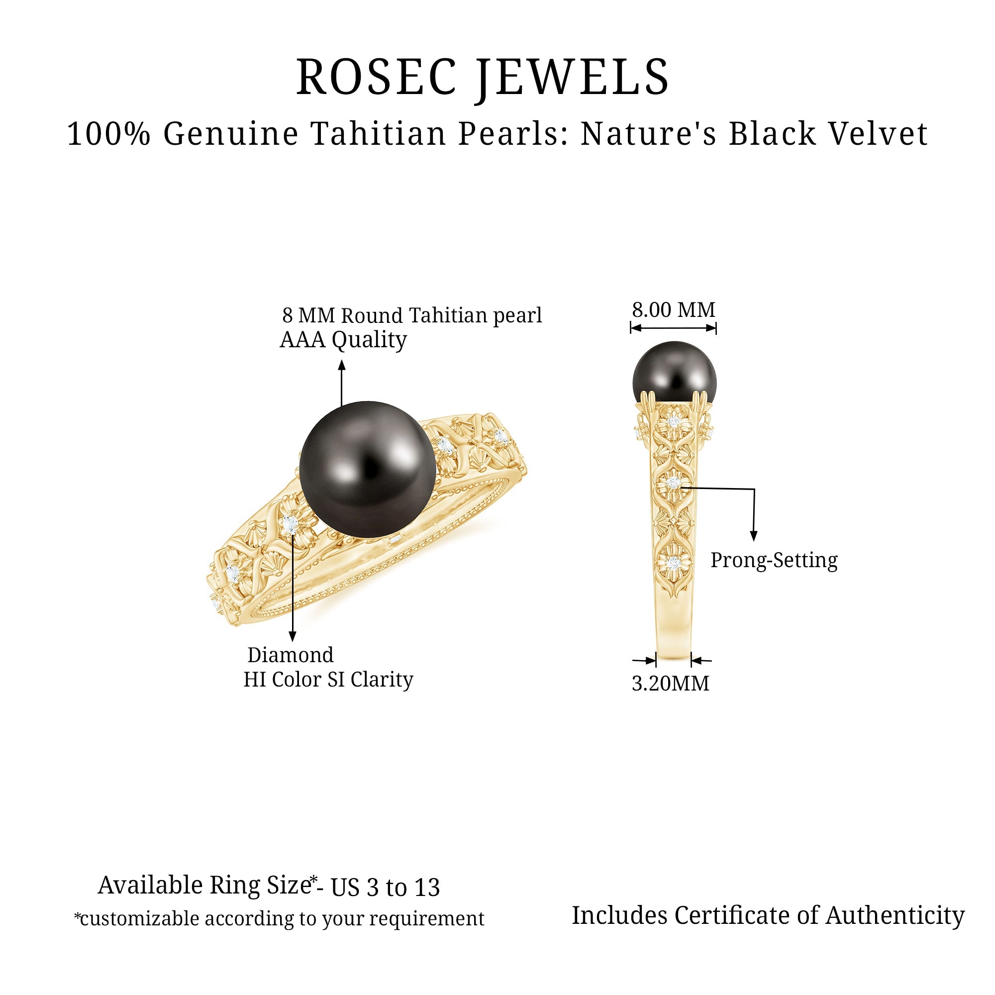 Vintage Tahitian Pearl Solitaire Engagement Ring with Diamond