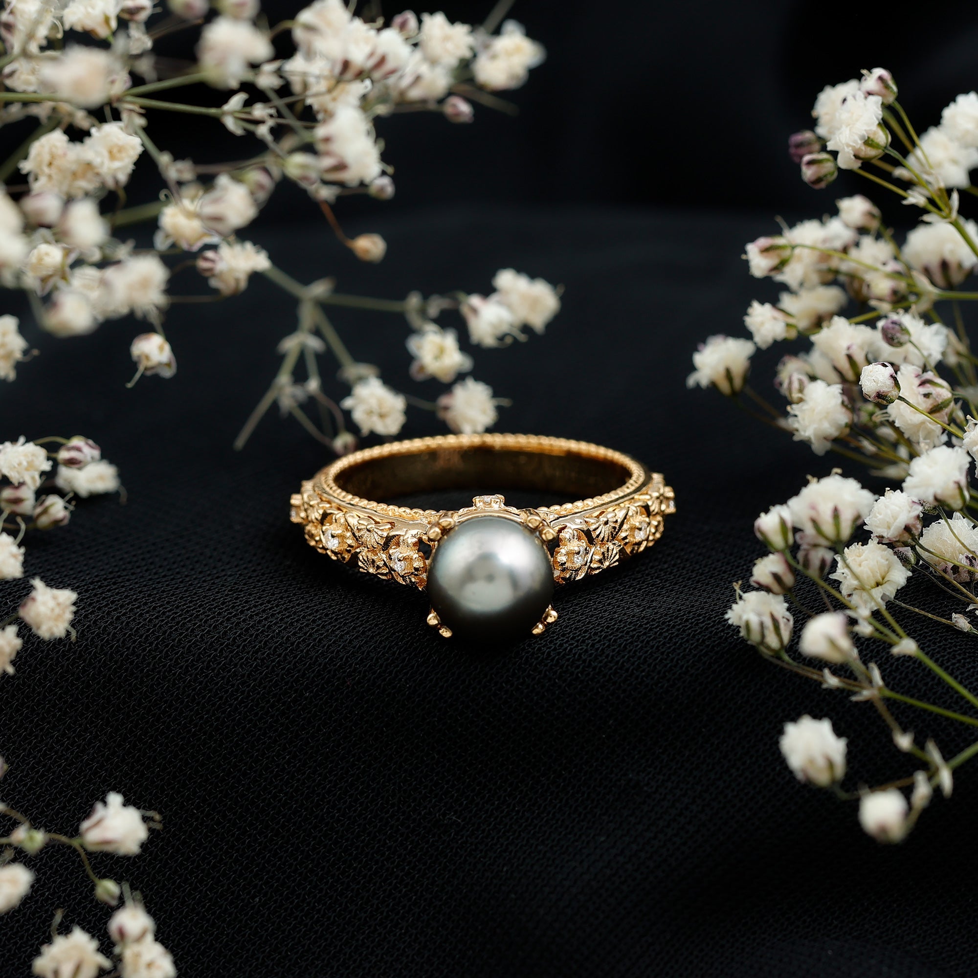 Vintage Tahitian Pearl Solitaire Engagement Ring with Diamond
