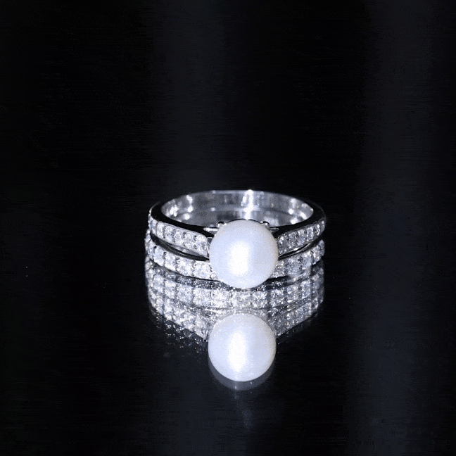 8 MM Round Shape Real Pearl Engagement Ring Set with Moissanite