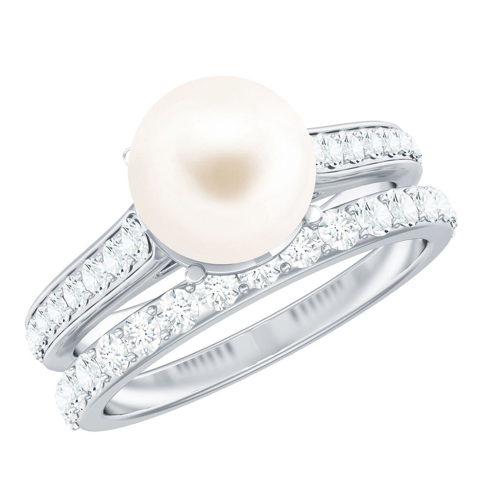 8 MM Round Shape Real Pearl Engagement Ring Set with Moissanite