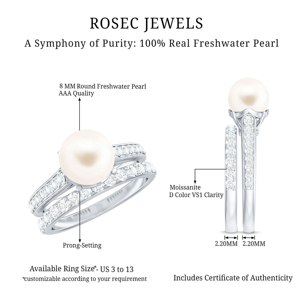 8 MM Round Shape Real Pearl Engagement Ring Set with Moissanite