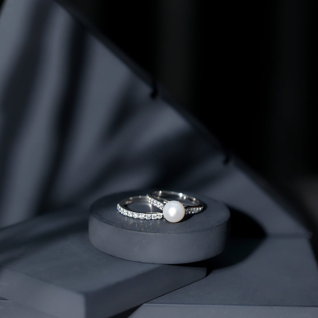 8 MM Round Shape Real Pearl Engagement Ring Set with Moissanite