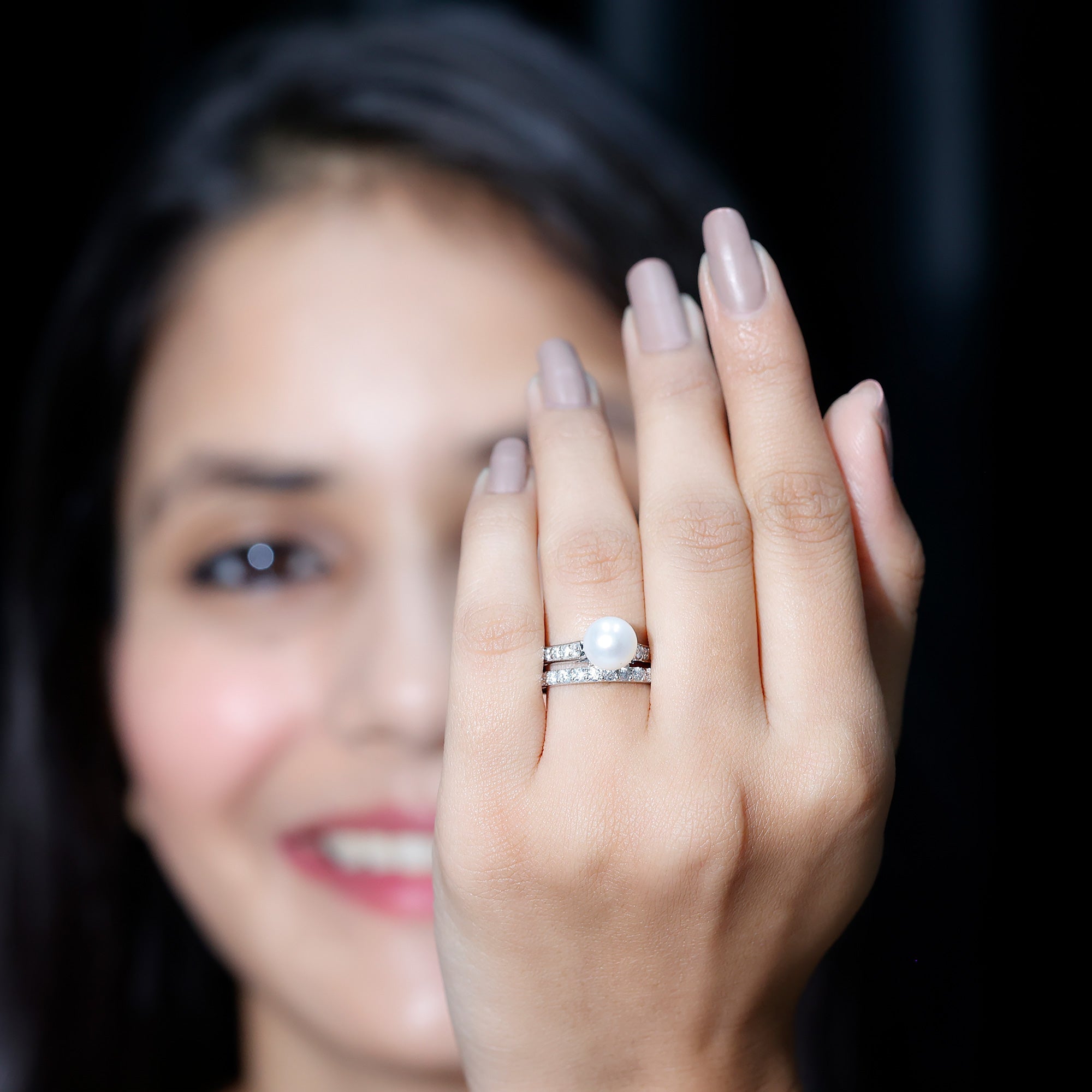 8 MM Round Shape Real Pearl Engagement Ring Set with Moissanite