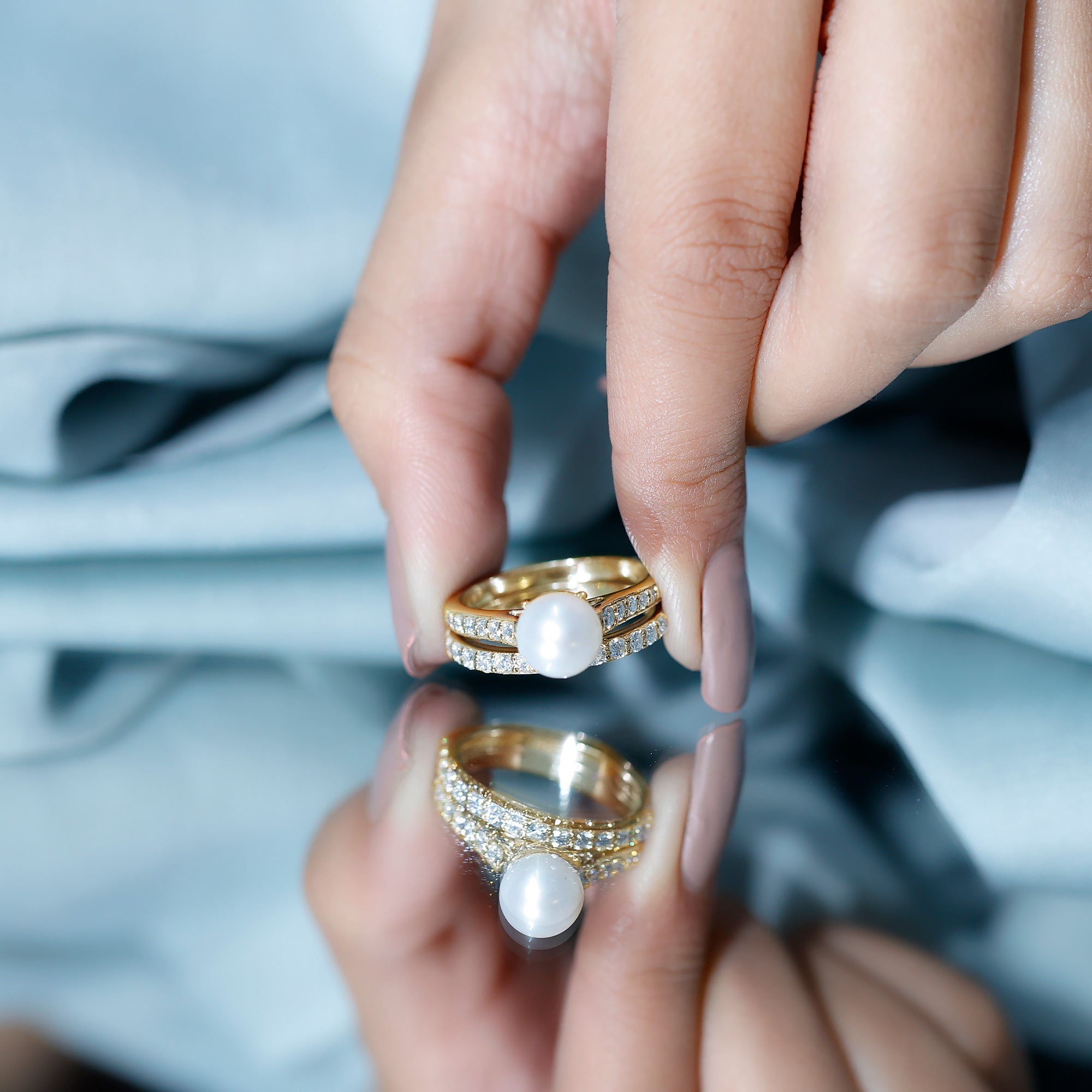8 MM Round Shape Real Pearl Engagement Ring Set with Moissanite