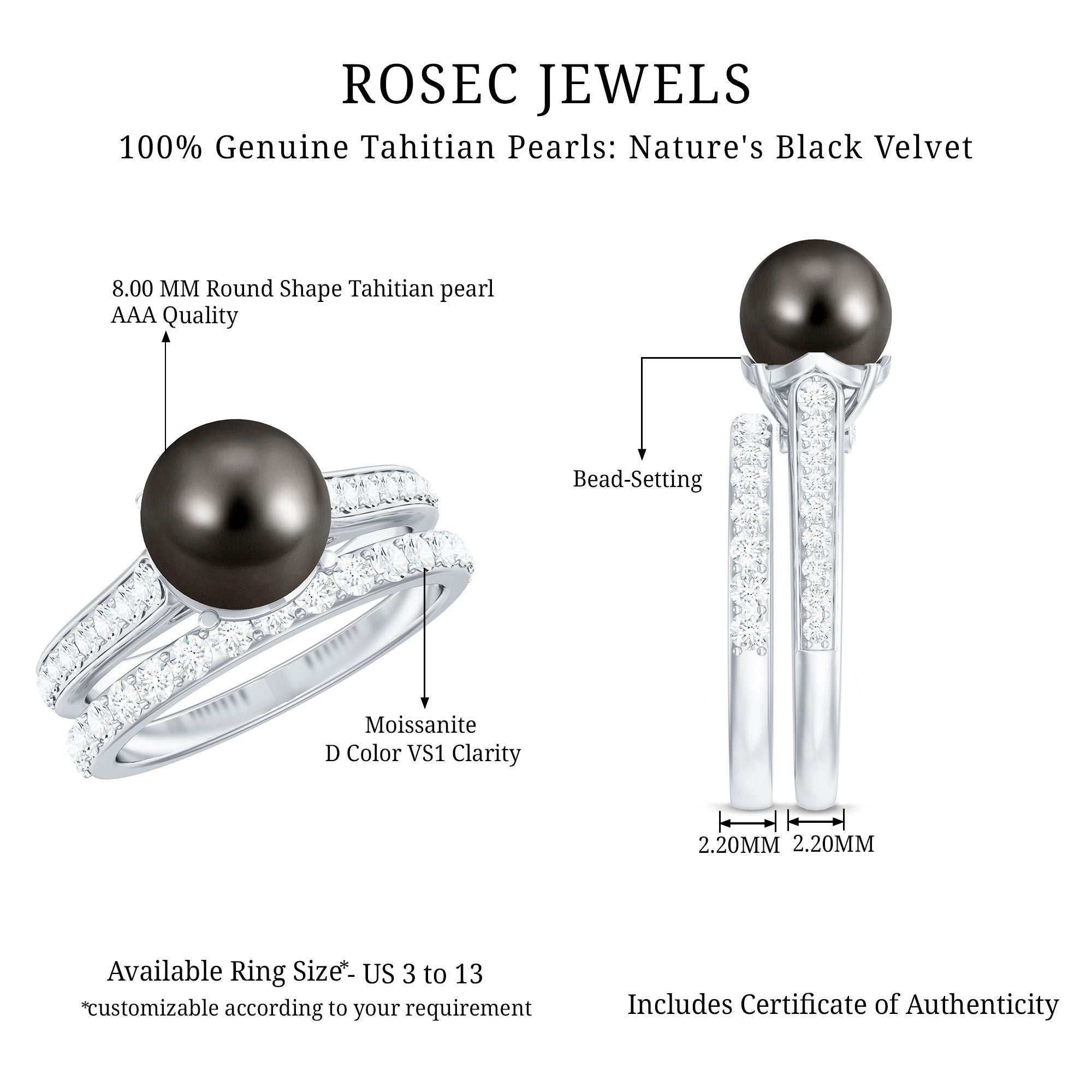 Elegant Wedding Ring Set with 9.75 CT Tahitian Pearl and Moissanite