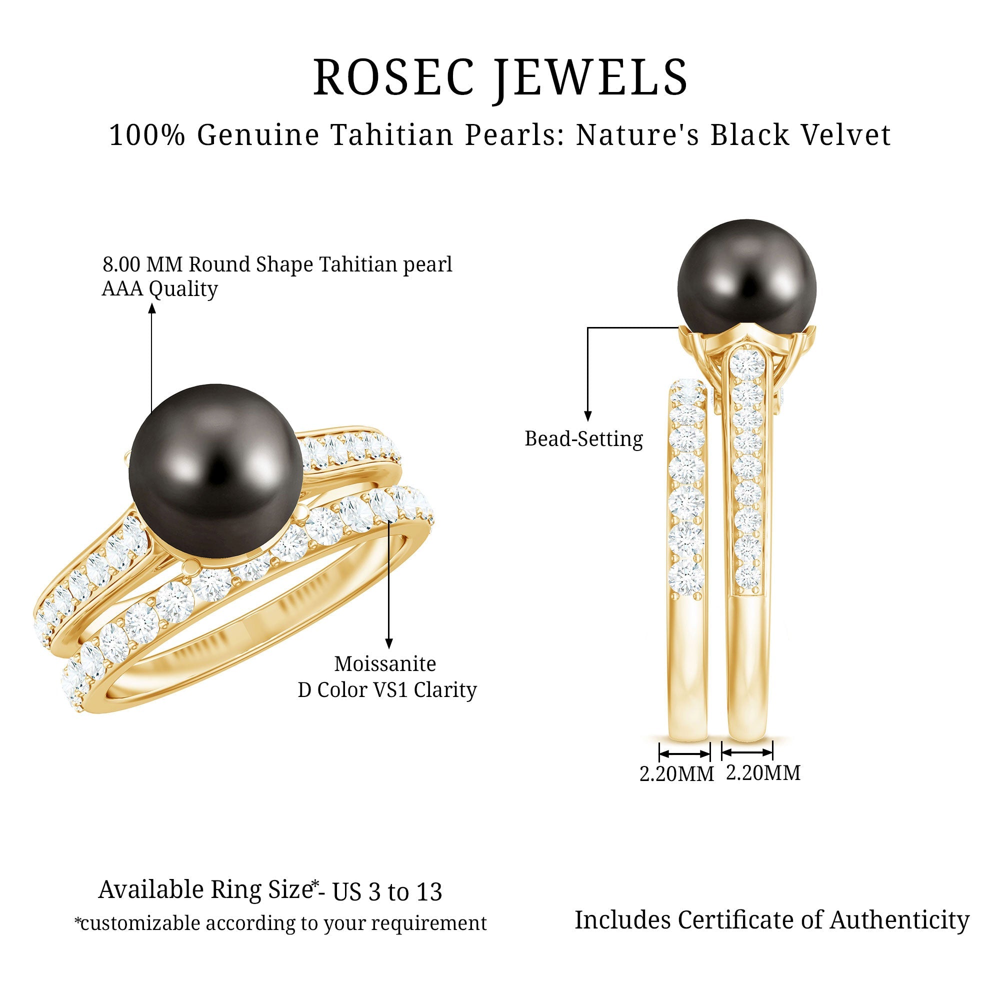 Elegant Wedding Ring Set with 9.75 CT Tahitian Pearl and Moissanite
