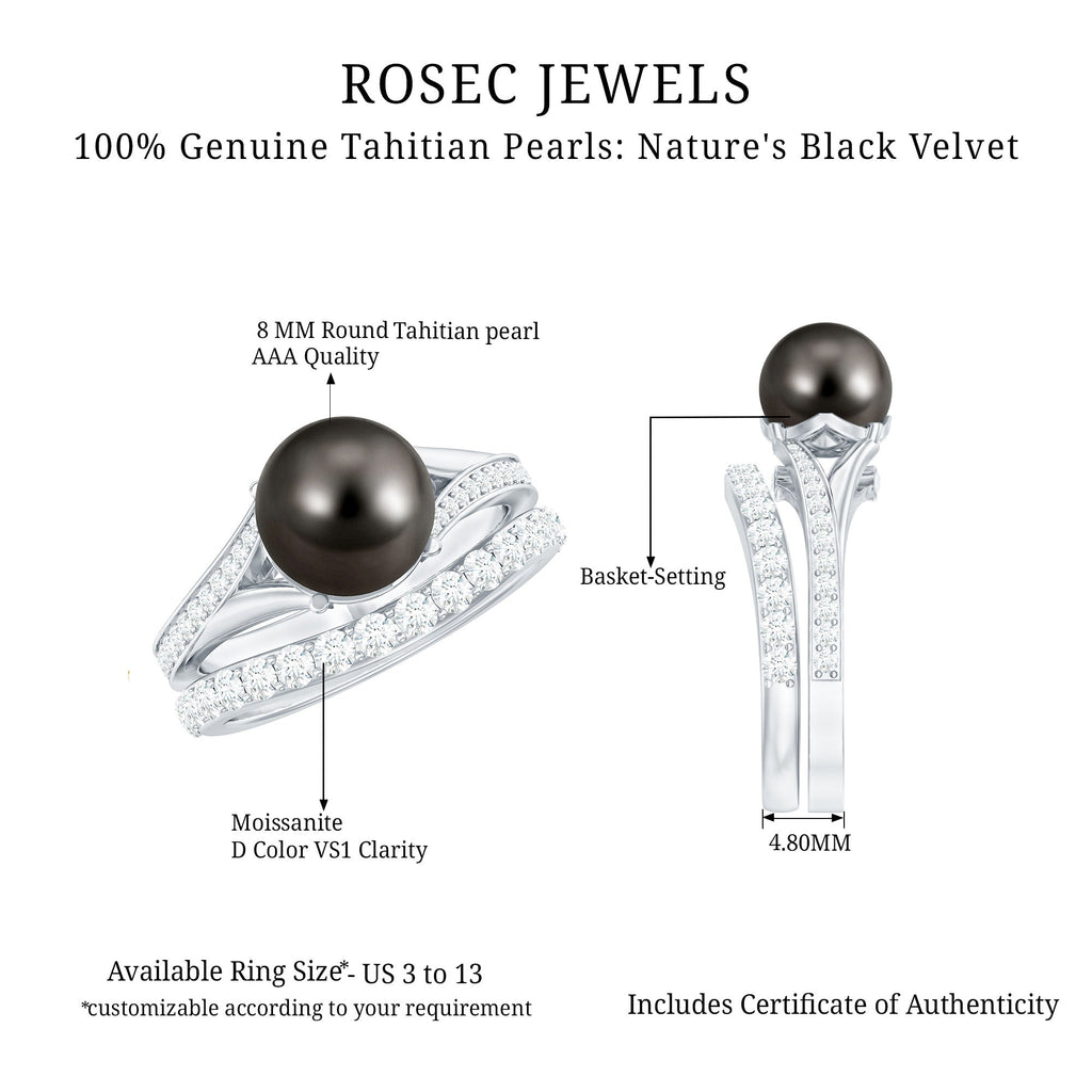 Designer Tahitian Black Pearl Wedding Ring Set with Moissanite