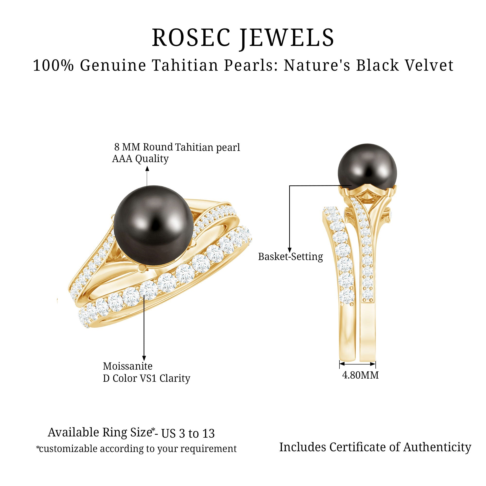 Designer Tahitian Black Pearl Wedding Ring Set with Moissanite