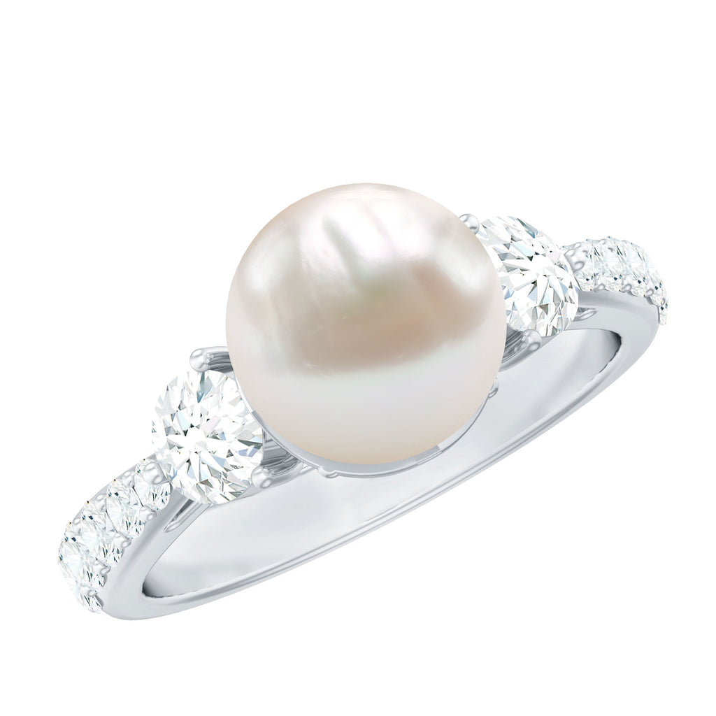 Classic Freshwater Pearl Solitaire and Moissanite Side Stone Ring