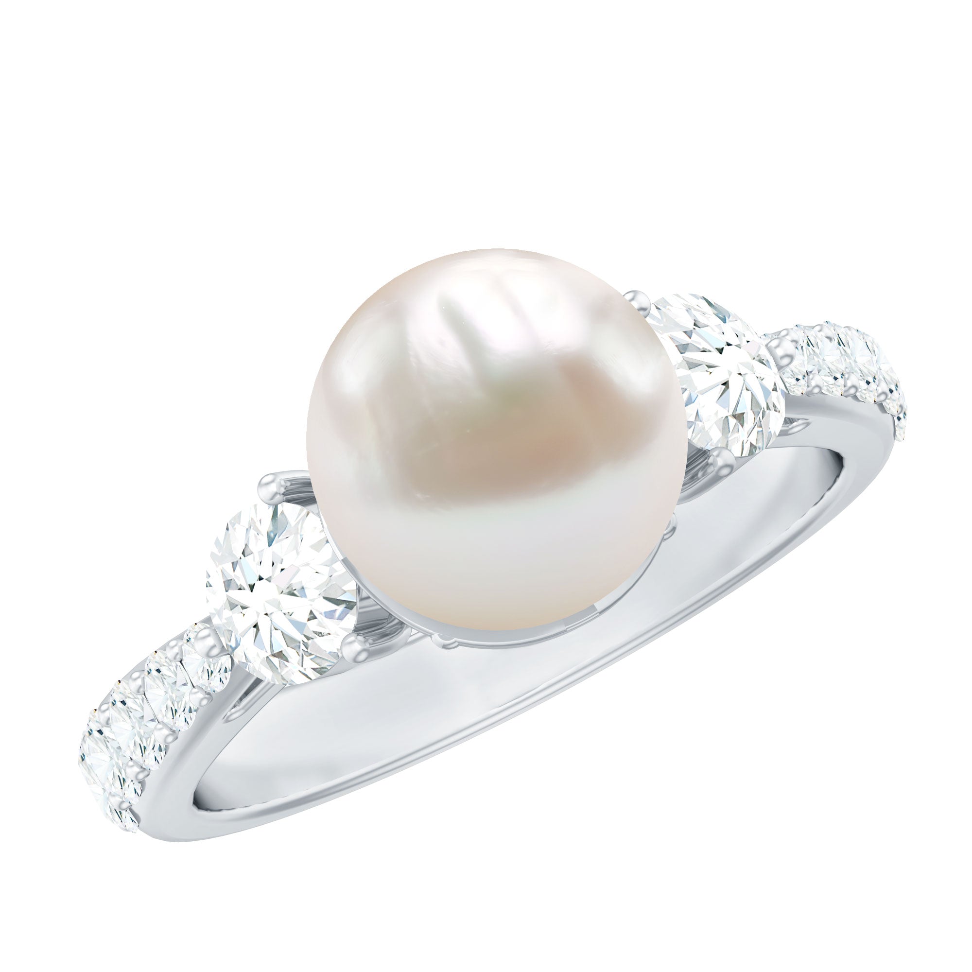 Classic Freshwater Pearl Solitaire and Moissanite Side Stone Ring