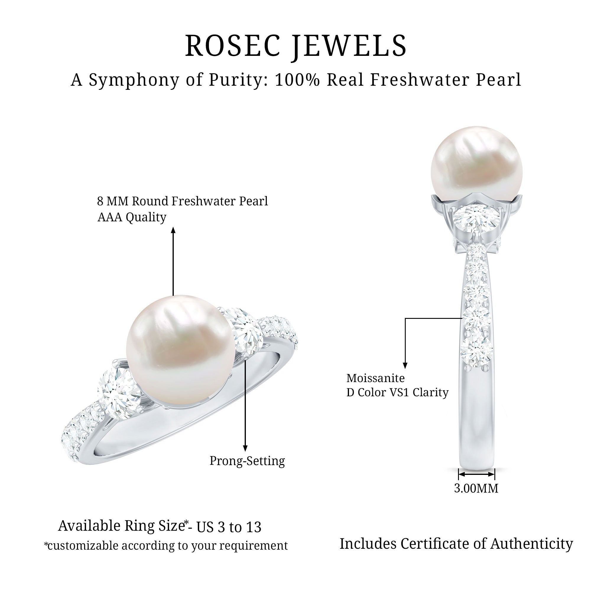 Classic Freshwater Pearl Solitaire and Moissanite Side Stone Ring