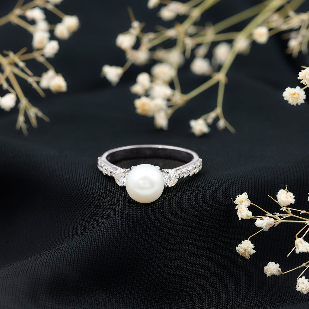 Classic Freshwater Pearl Solitaire and Moissanite Side Stone Ring