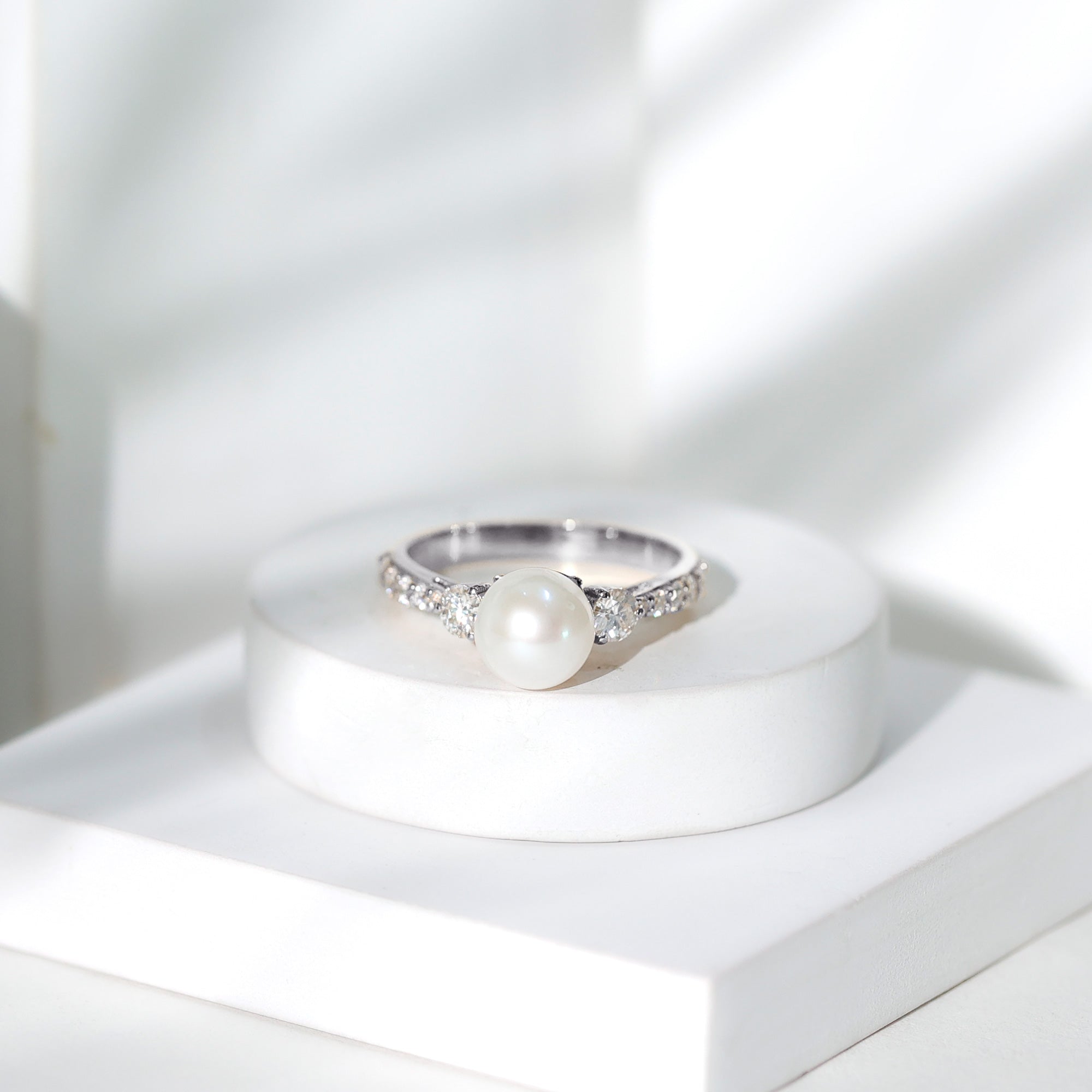Classic Freshwater Pearl Solitaire and Moissanite Side Stone Ring