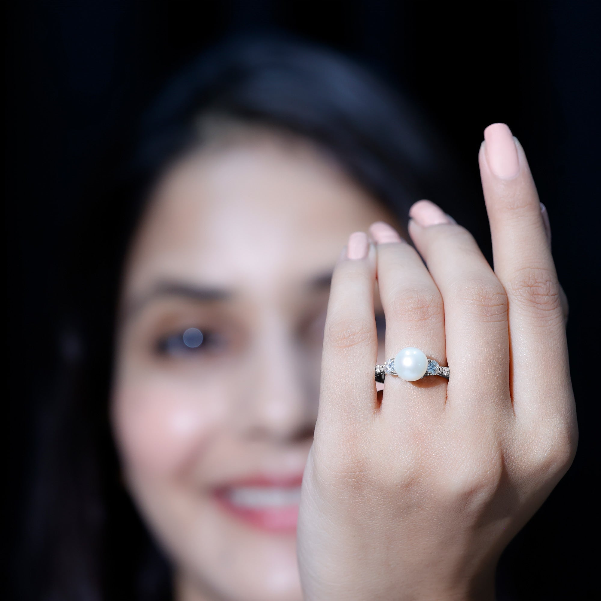 Classic Freshwater Pearl Solitaire and Moissanite Side Stone Ring