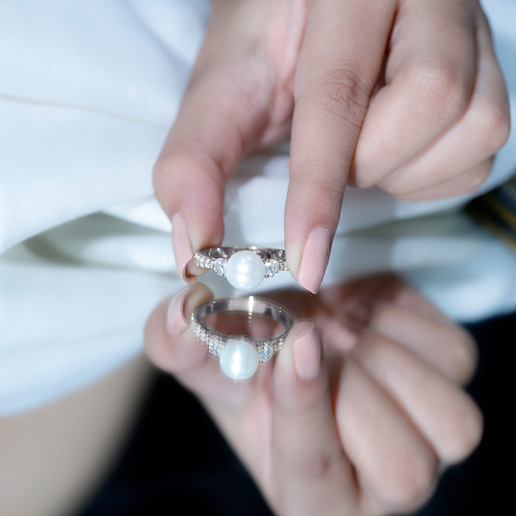 Classic Freshwater Pearl Solitaire and Moissanite Side Stone Ring