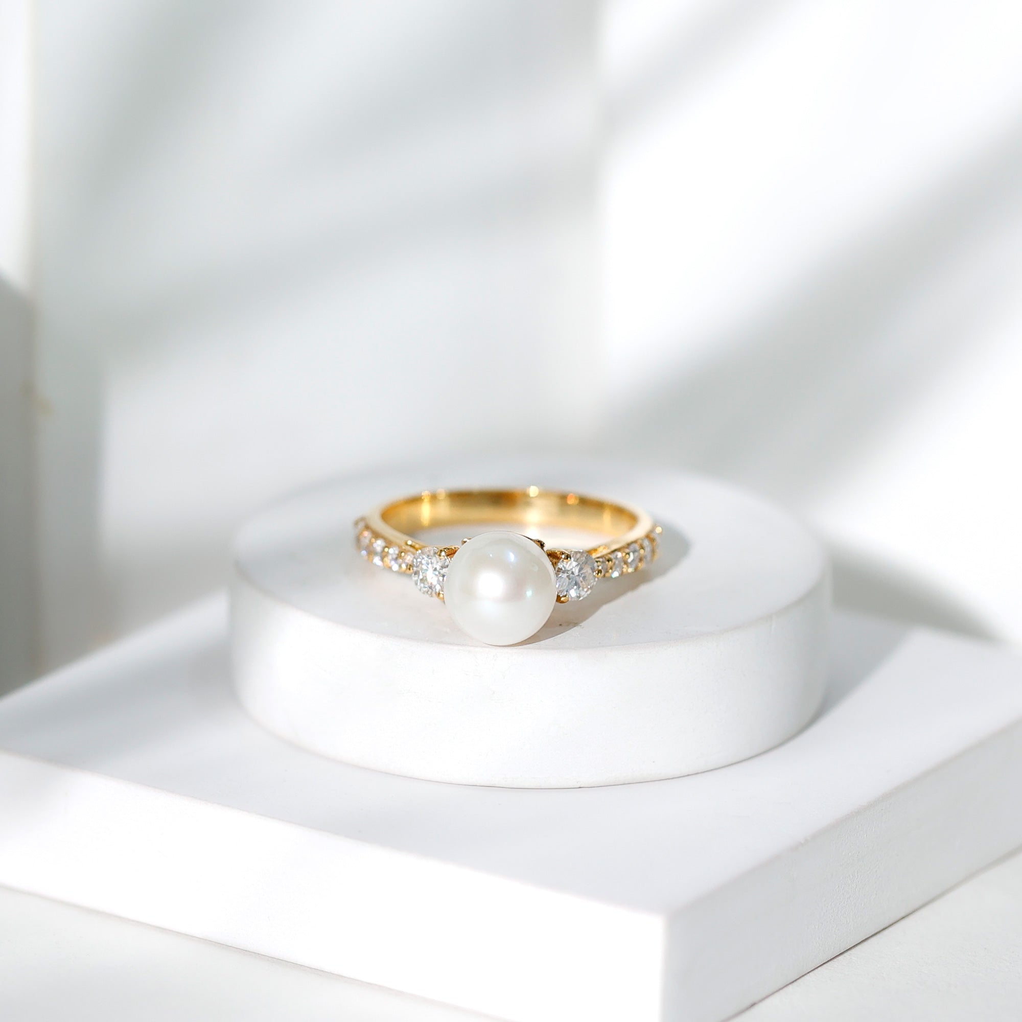 Classic Freshwater Pearl Solitaire and Moissanite Side Stone Ring